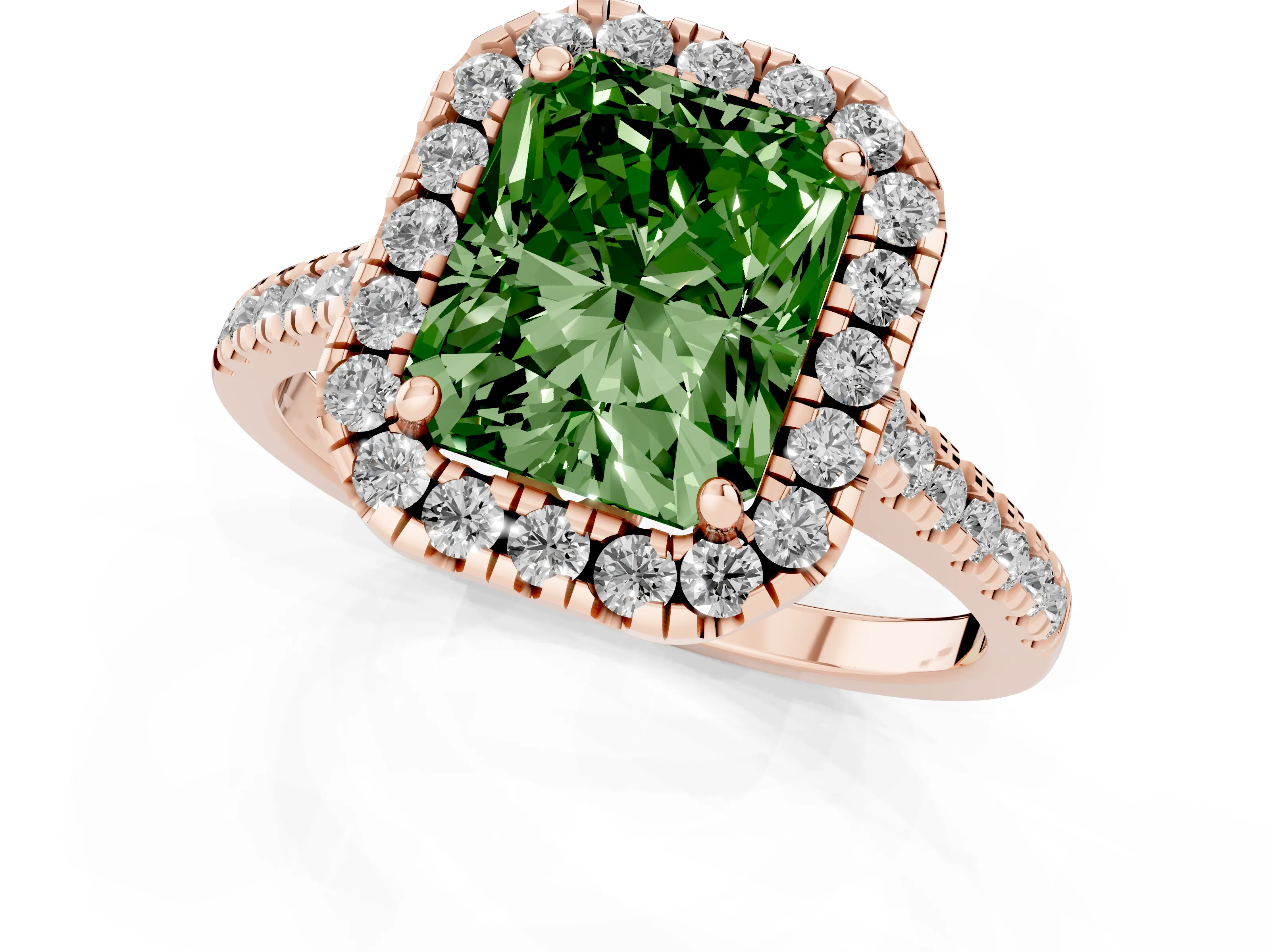Fancy Green Radiant Cut Diamond Cushion Halo Ring Set in Rose gold with Pavé Band