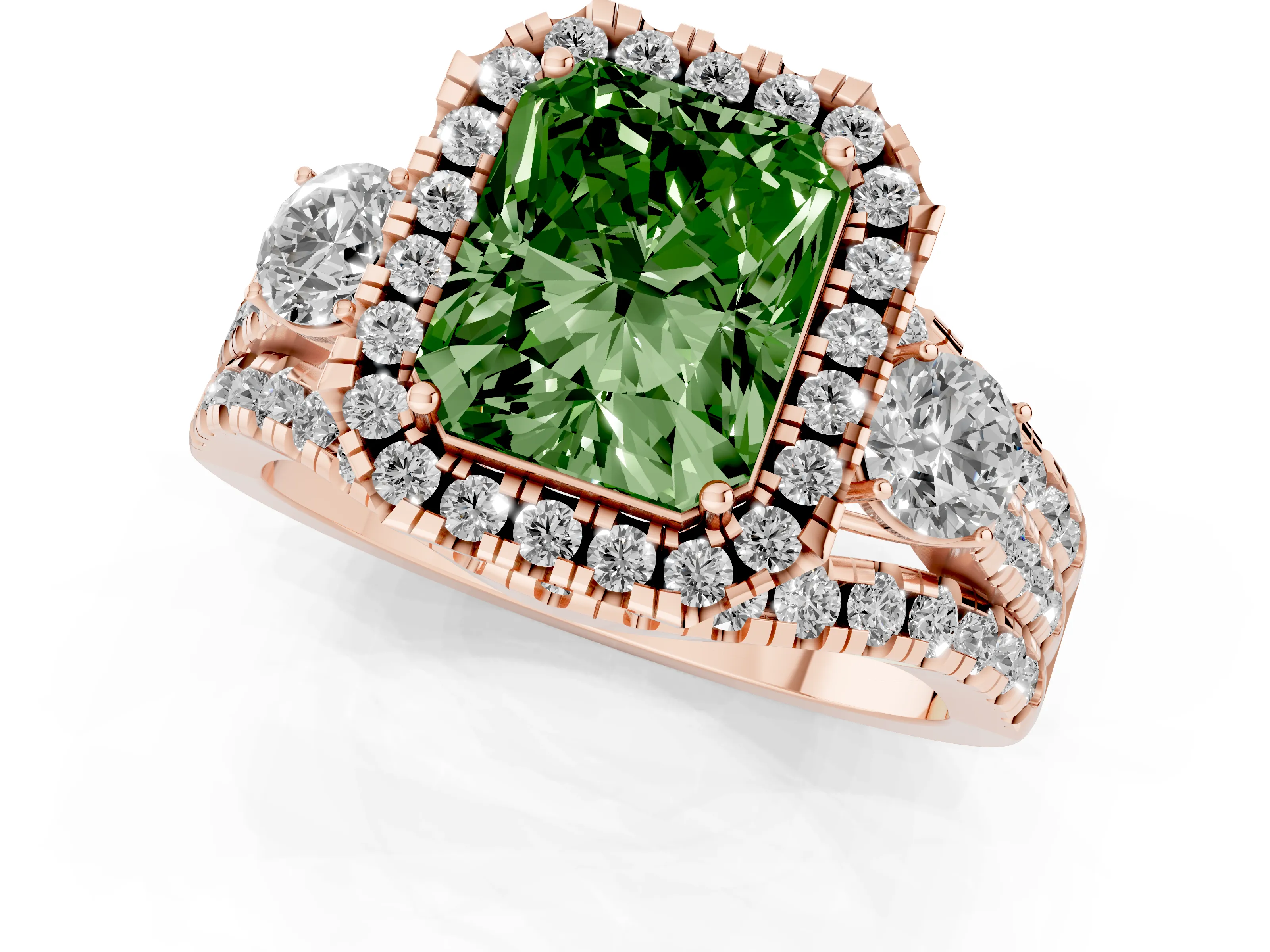 Fancy Green Radiant Cut Diamond Halo Split Shank Ring Set in Rose gold with Round Accent Stones and Prong Setting