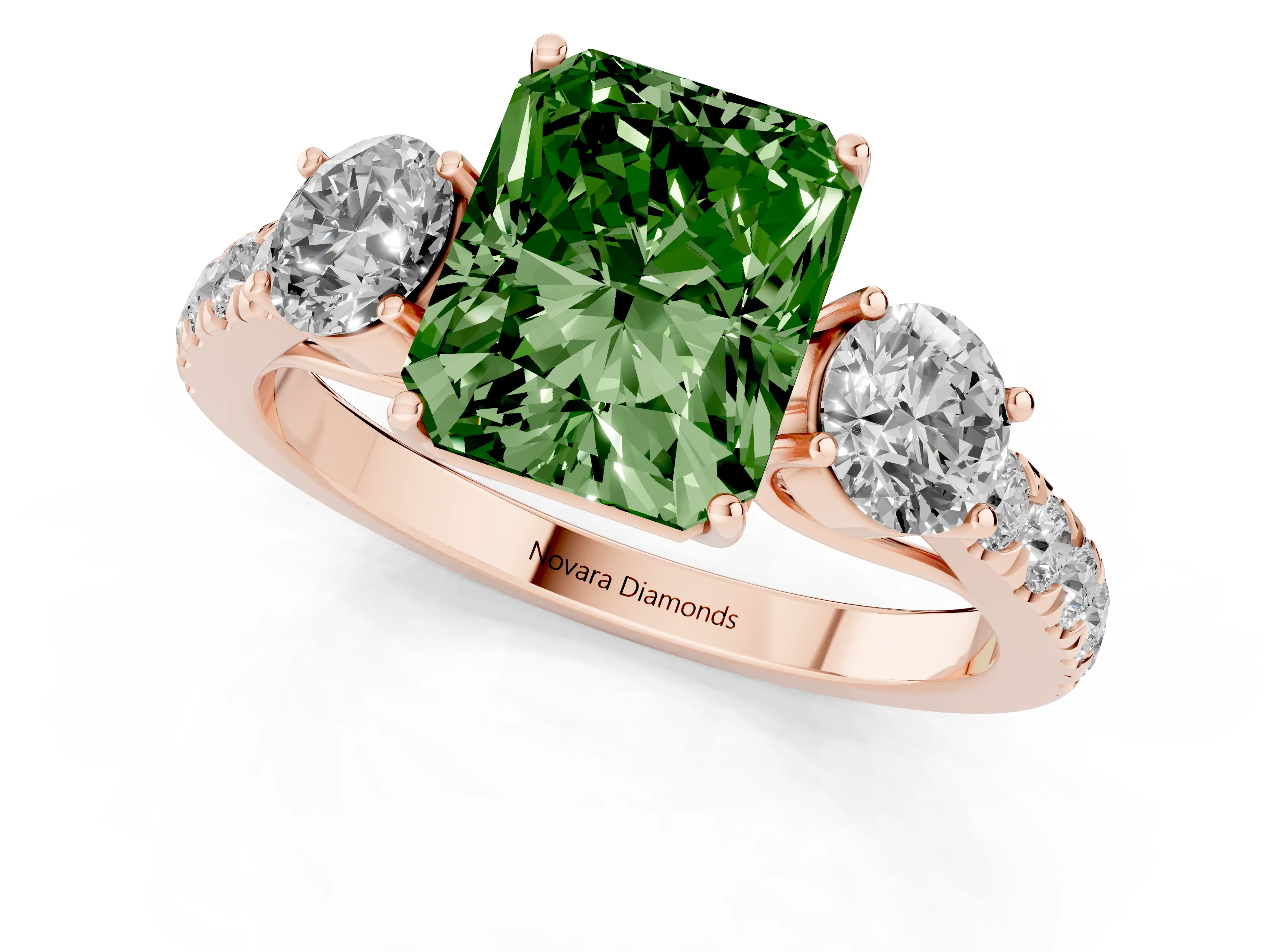 Fancy Green Radiant Cut Diamond Three-Stone Ring Set in Rose gold with Round Side Stones and Delicate Pavé Band