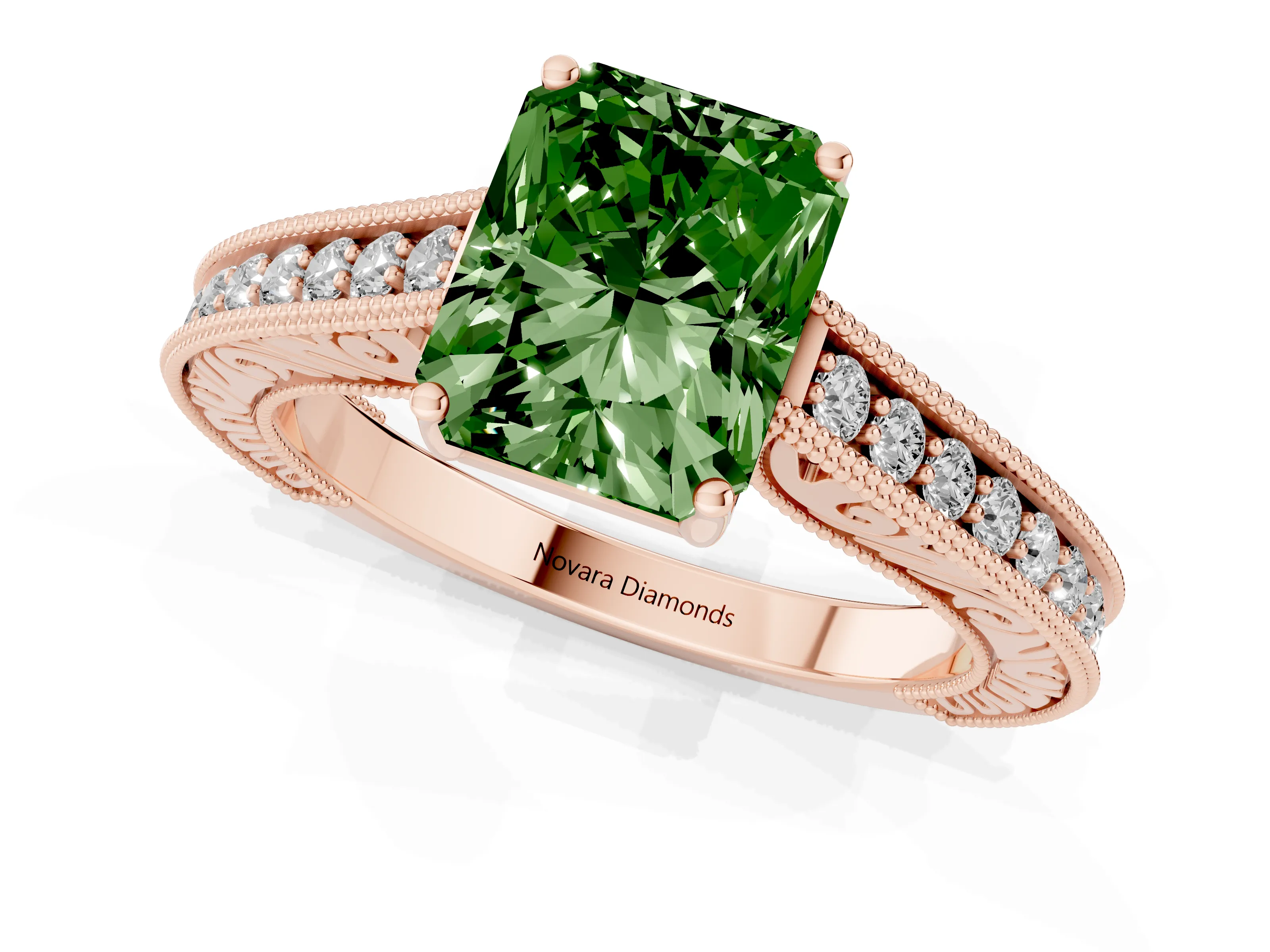 Fancy Green Radiant Cut Diamond Milgrain Pavé Band Solitaire Ring Set in Rose gold with Prong Setting