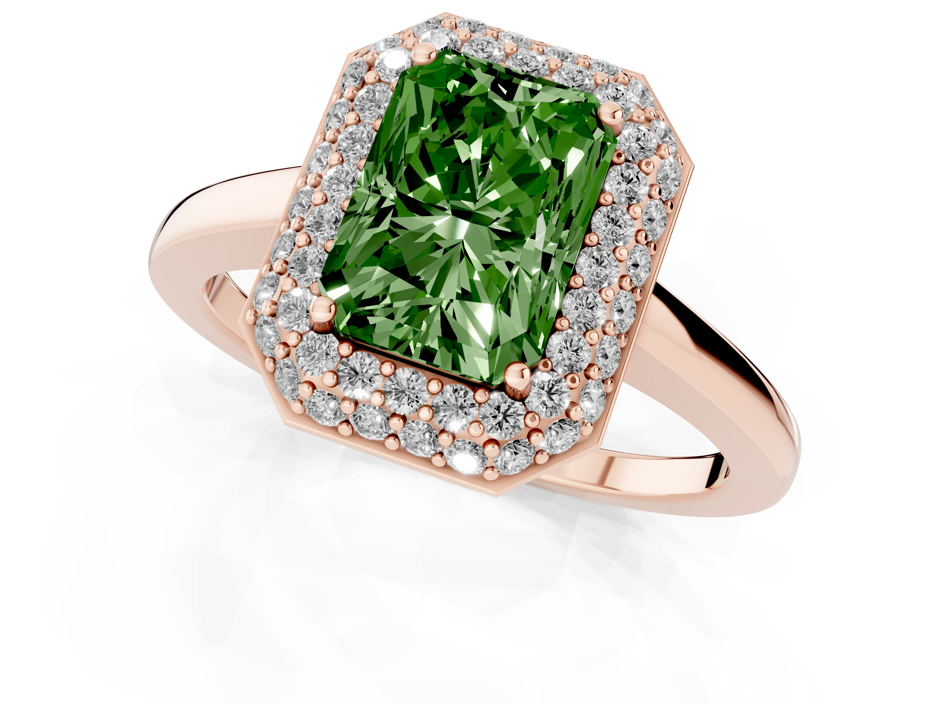 Fancy Green Radiant Cut Diamond Halo Engagement Ring Set in Rose gold with Solitaire Band and Prong Setting