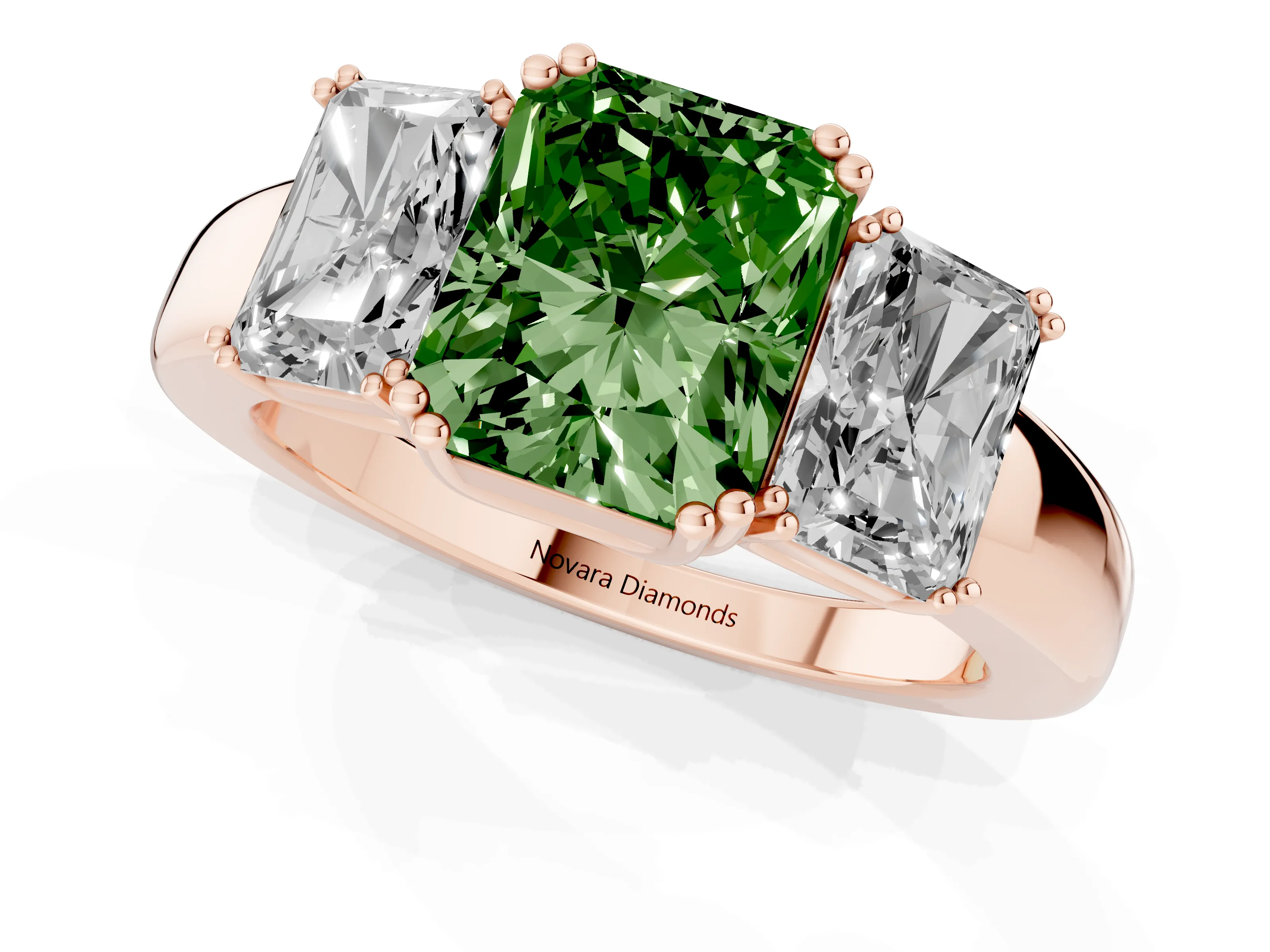 Fancy Green Radiant Cut Diamond Three-Stone Ring Set in Rose gold with Polished Channel-Set Band