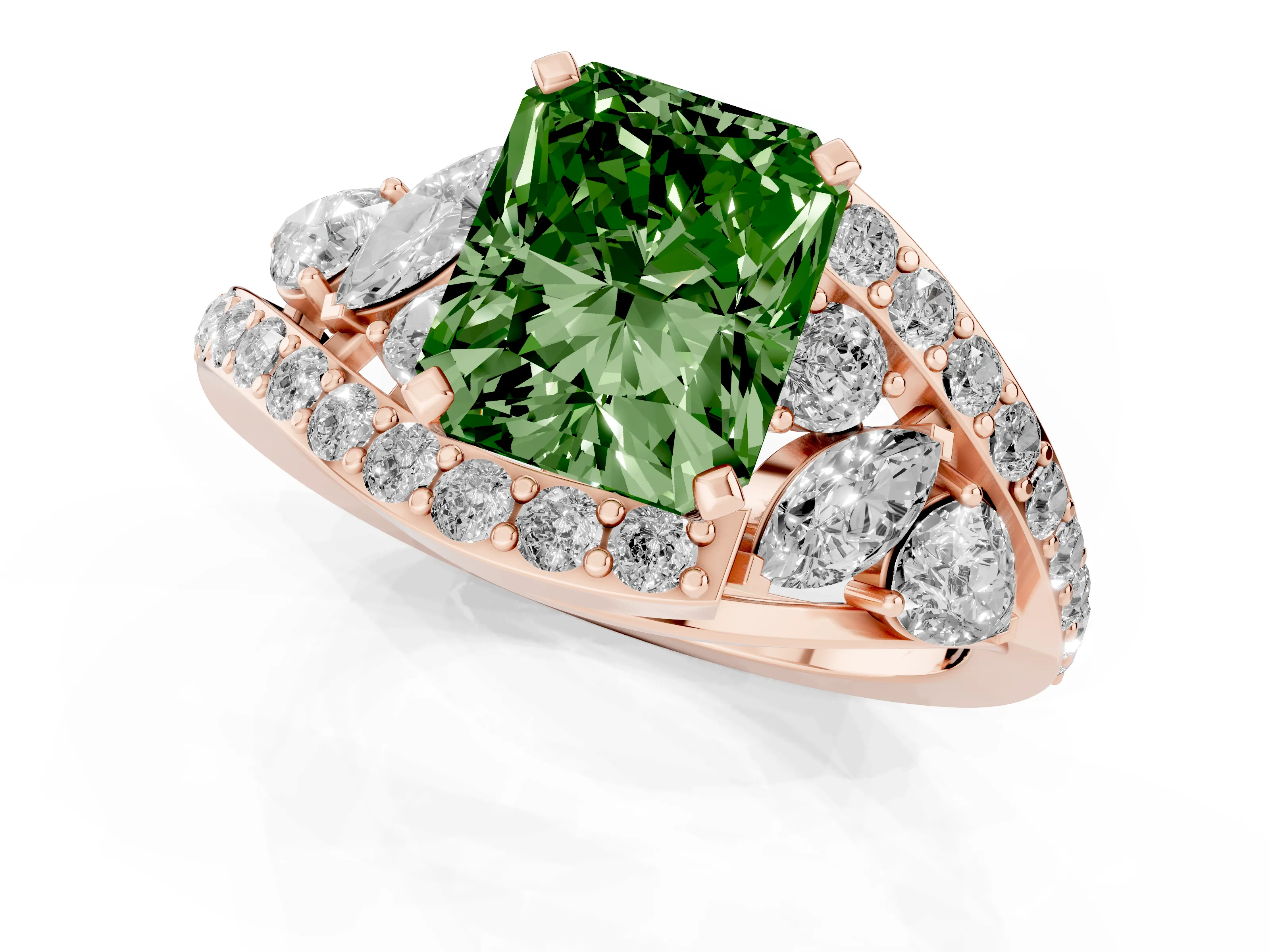 Fancy Green Radiant Cut Diamond Halo Ring Set in Rose gold with Marquise and Pavé Band in Prong Setting