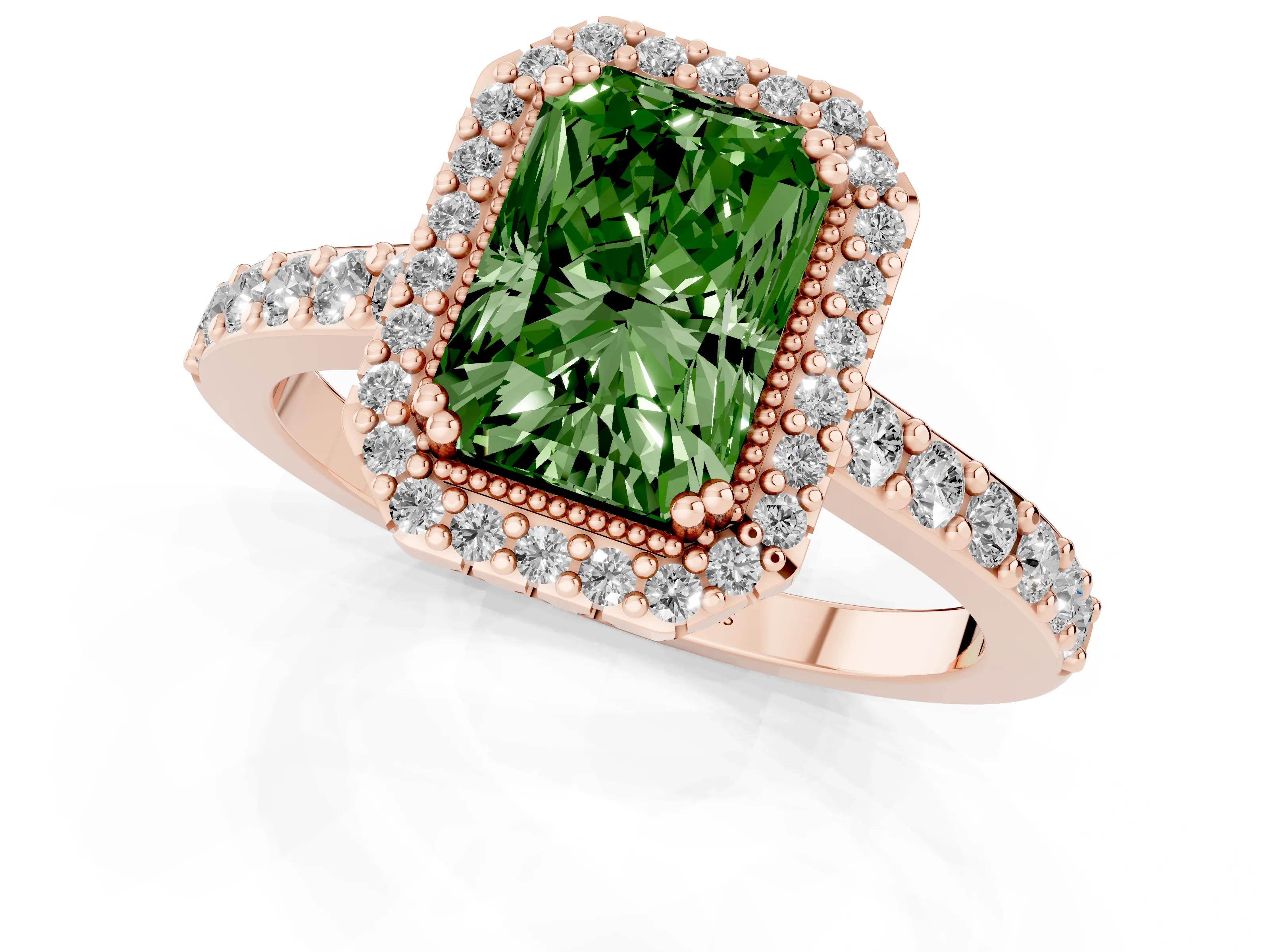 Fancy Green Radiant Cut Diamond Halo Engagement Ring Set in Rose gold with Milgrain Detail and Pavé Band
