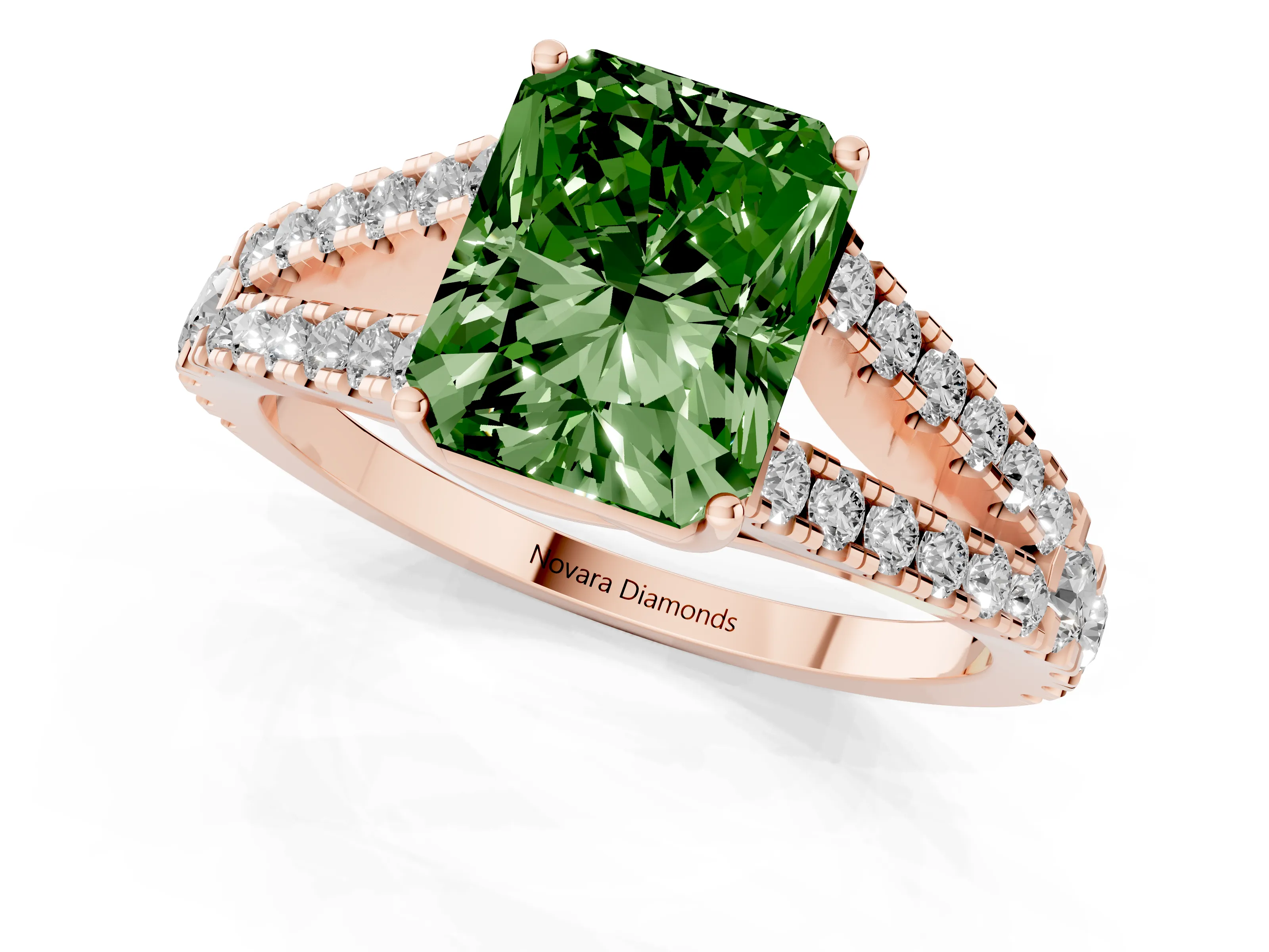 Fancy Green Radiant Cut Diamond Split Shank Pavé Engagement Ring Set in Rose gold with Prong-Held Center Stone