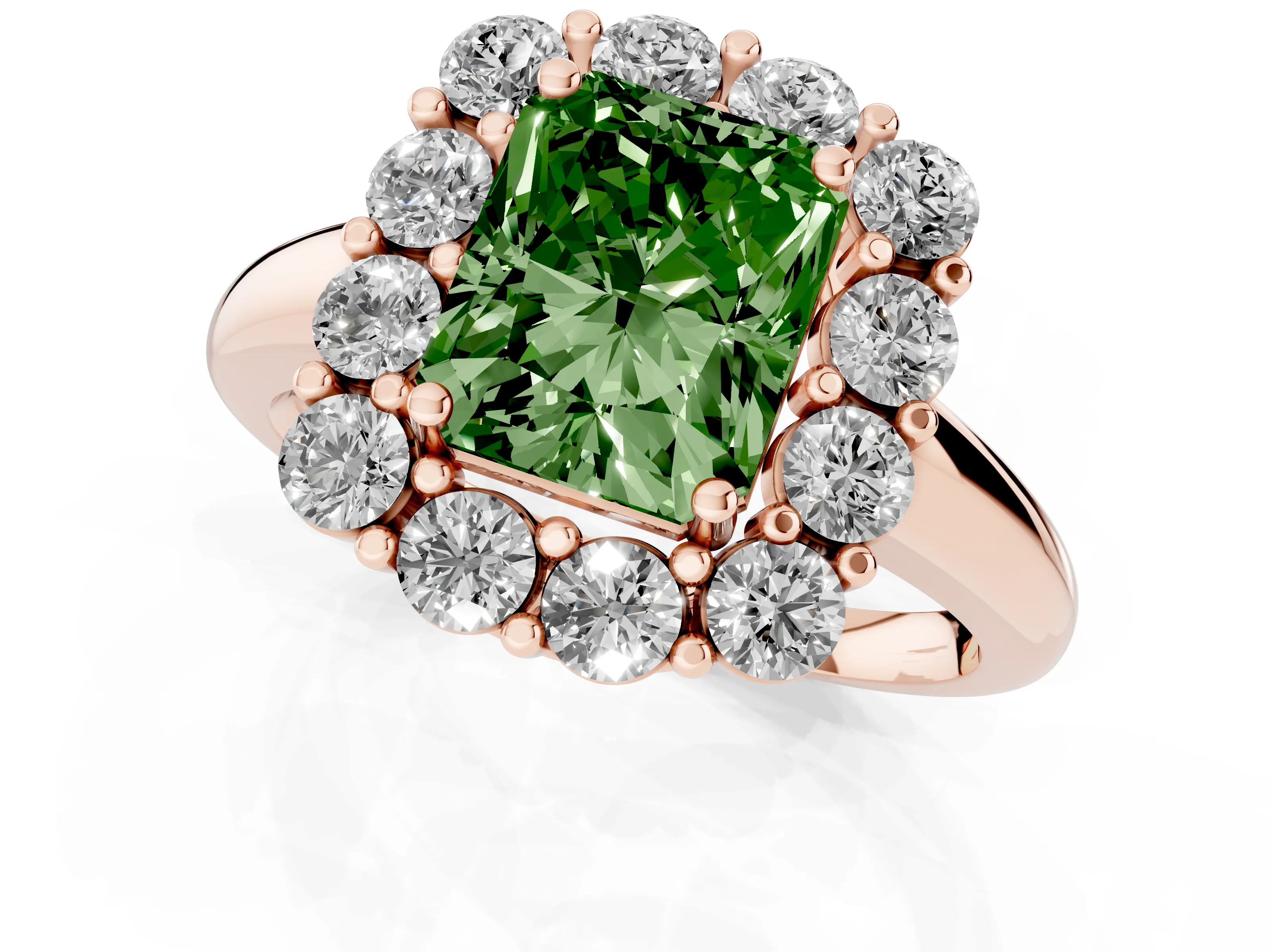 Fancy Green Radiant Cut Diamond Halo Cluster Engagement Ring Set in Rose gold with Polished Band and Prong Setting