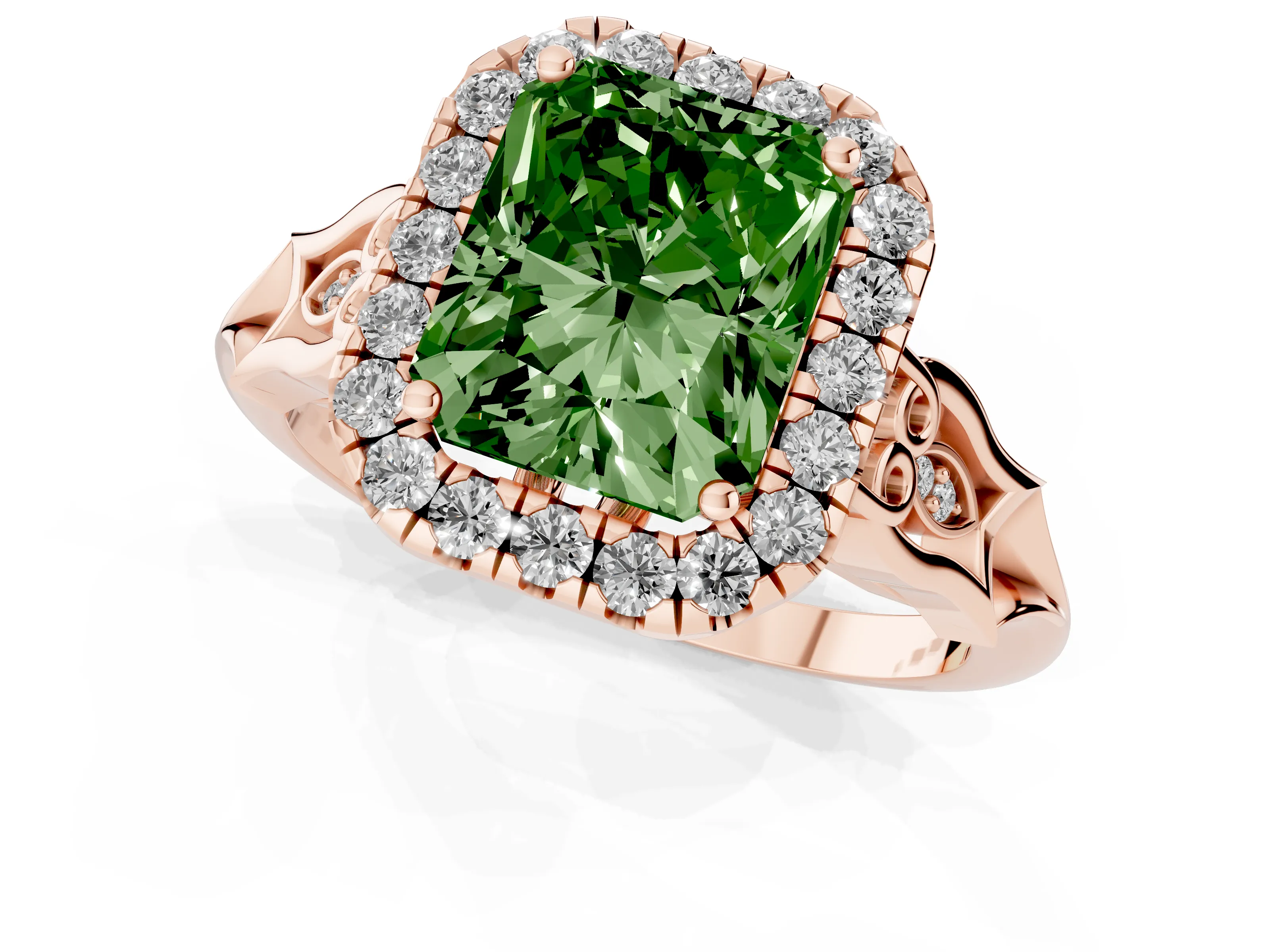 Fancy Green Radiant Cut Diamond Halo Engagement Ring Set in Rose gold with Filigree Band and Prong-Set Center