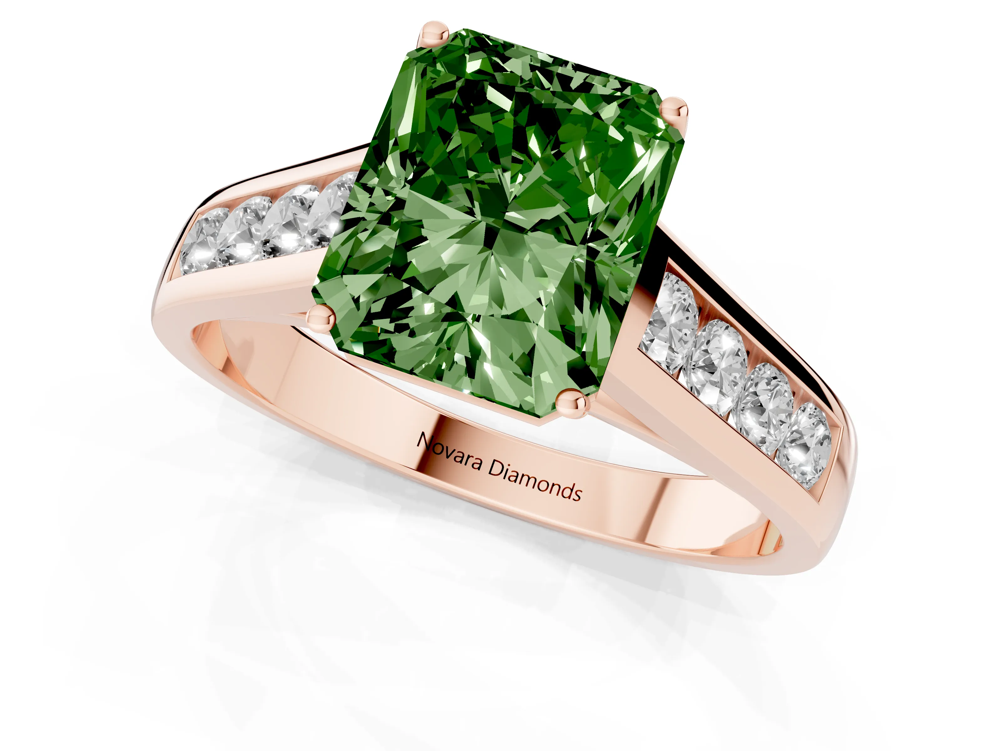 Fancy Green Radiant Cut Diamond Brilliant Channel-Set Solitaire Ring Set in Rose gold with Prong Setting