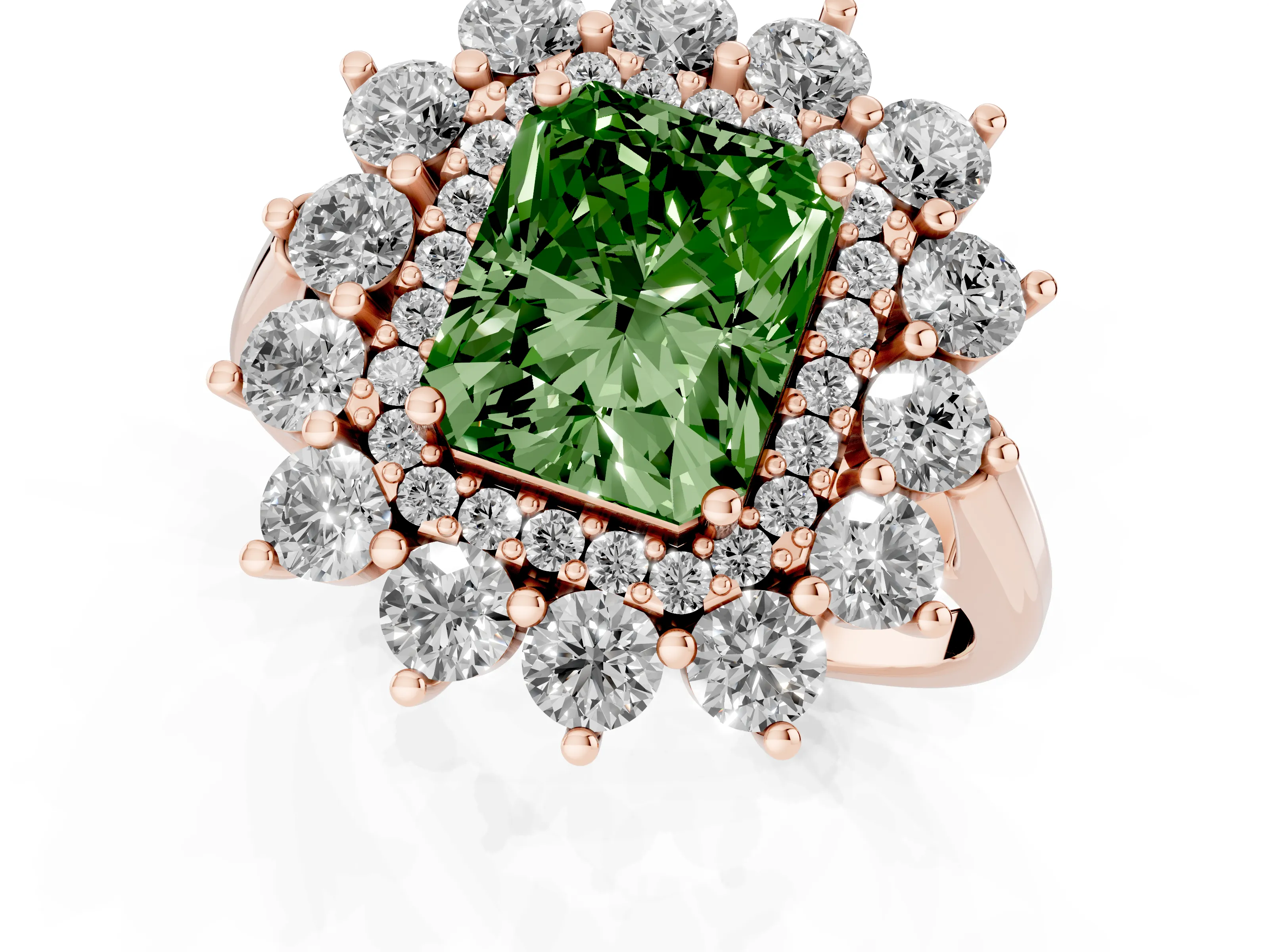 Fancy Green Radiant Cut Diamond Floral Double Halo Ring Set in Rose gold with Round Petals