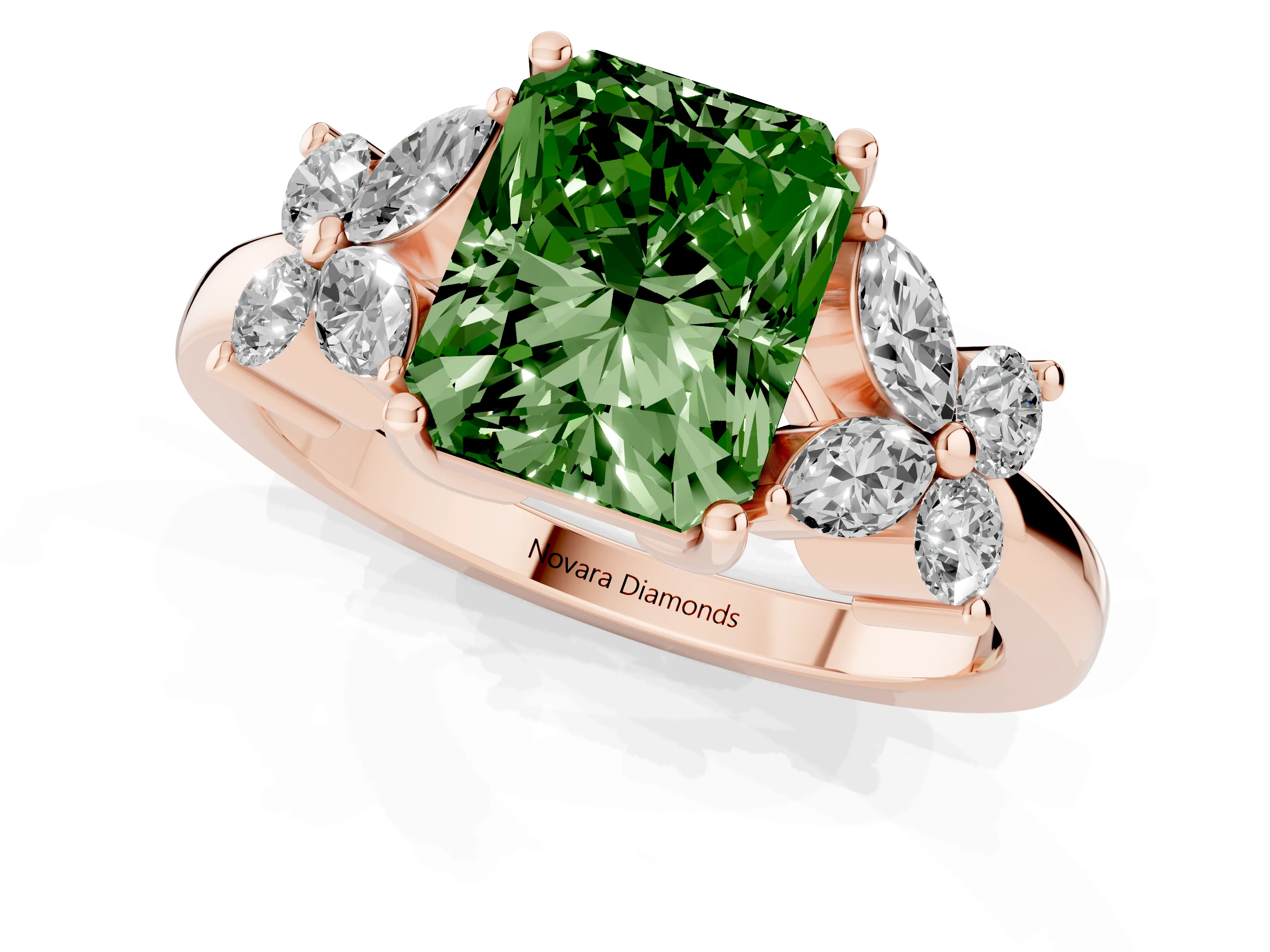 Fancy Green Radiant Cut Diamond Floral Cluster Ring Set in Rose gold with Marquise Petals and Prong Setting