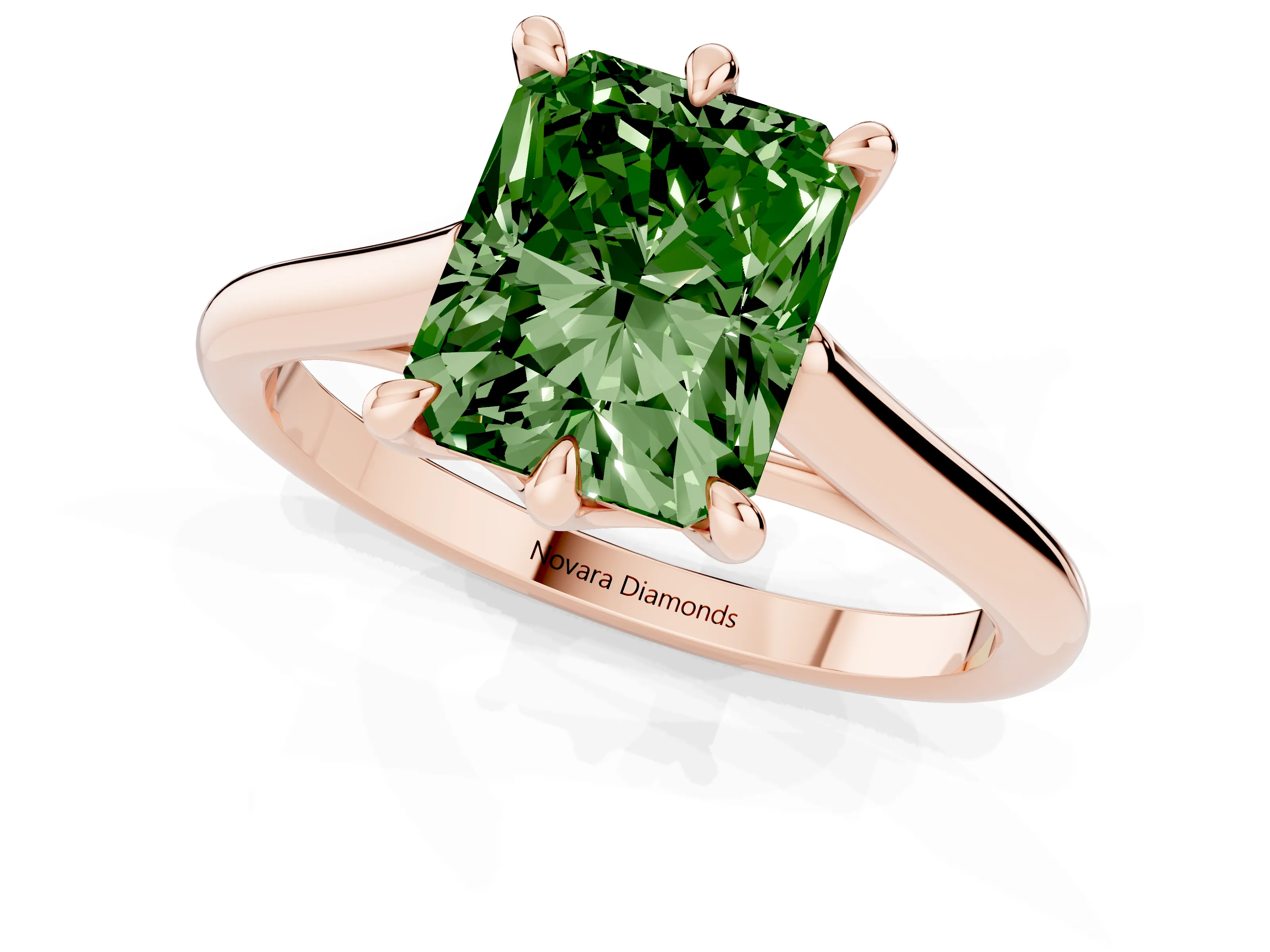 Fancy Green Radiant Cut Diamond Solitaire Engagement Ring Set in Rose gold with Prong Setting and Plain Classic Band