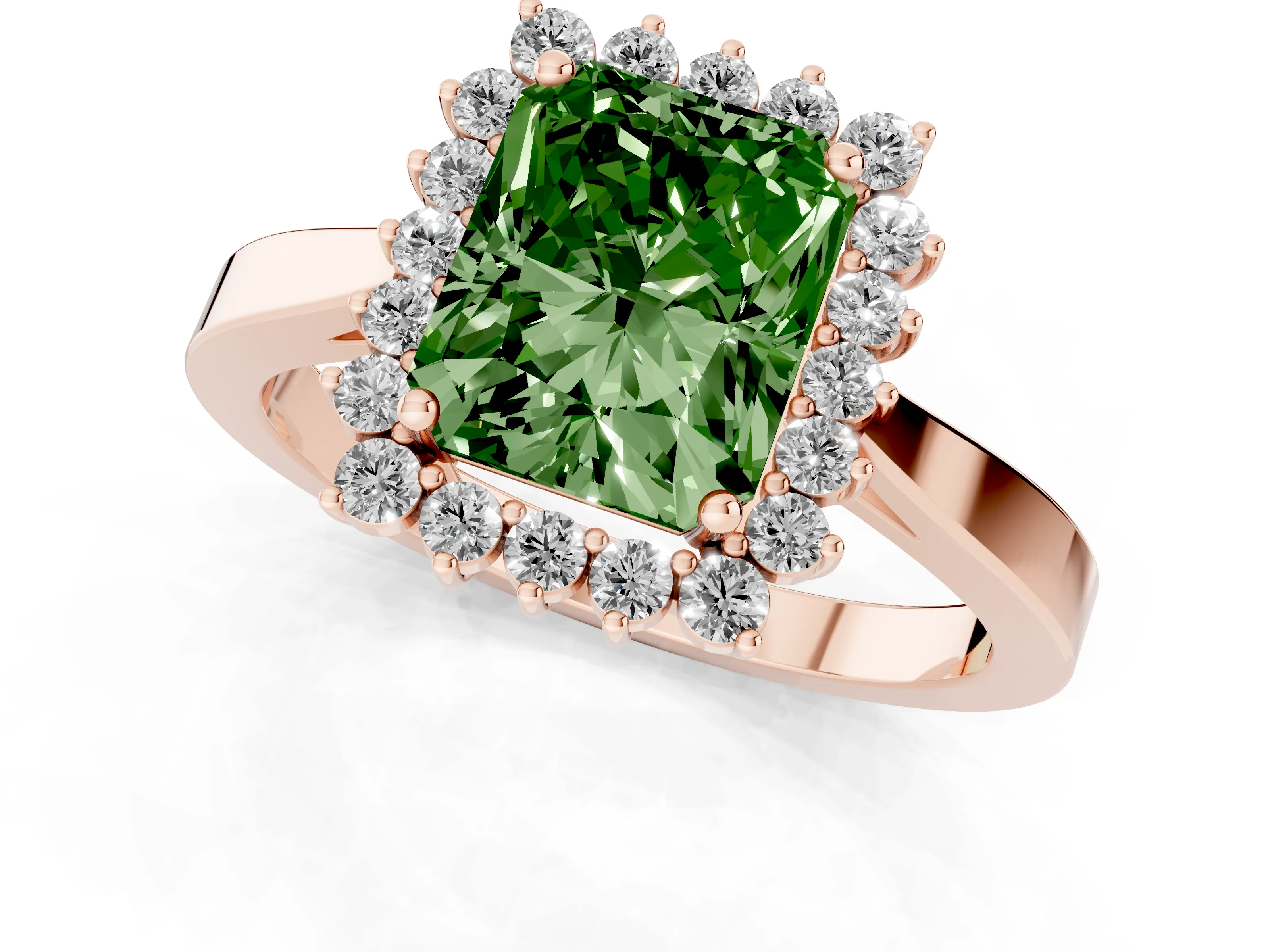 Fancy Green Radiant Cut Diamond Halo Ring Set in Rose gold with Round Halo and Smooth Solitaire Band