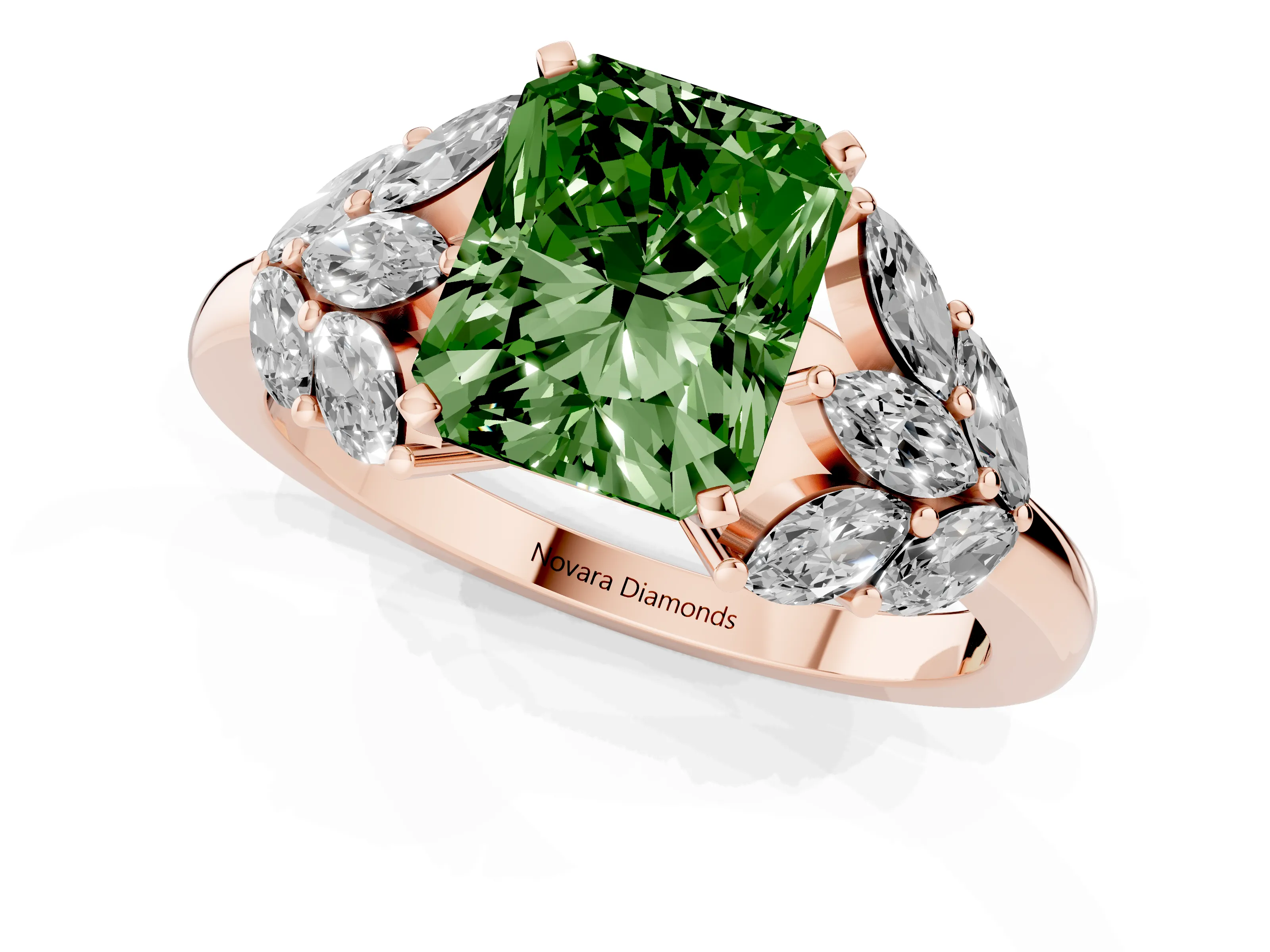 Fancy Green Radiant Cut Diamond Cluster Leaf Design Ring Set in Rose gold with Prong Setting
