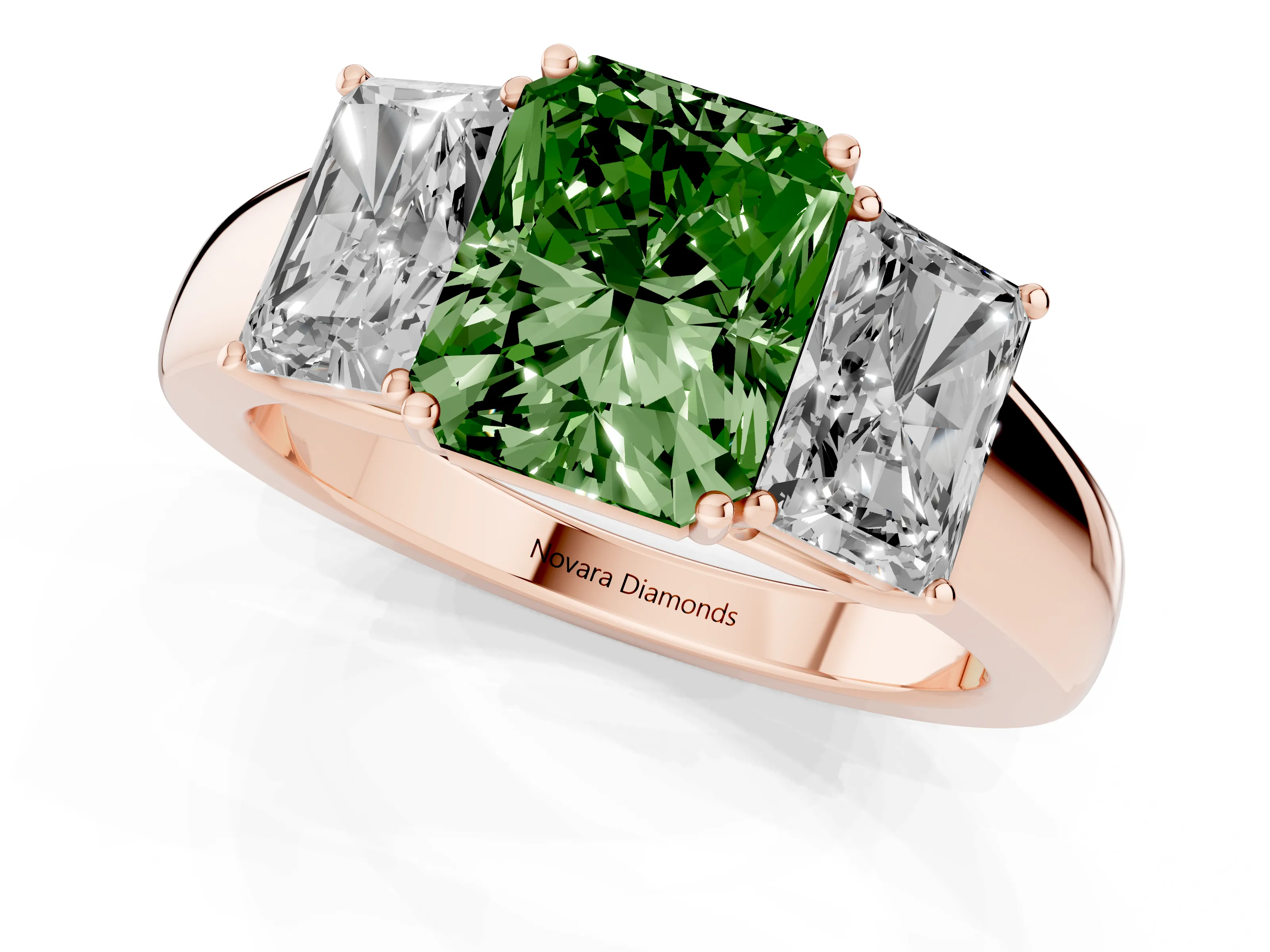 Fancy Green Three-Stone Radiant Cut Diamond Ring Set in Rose gold with Matching Prong Settings and Plain Band