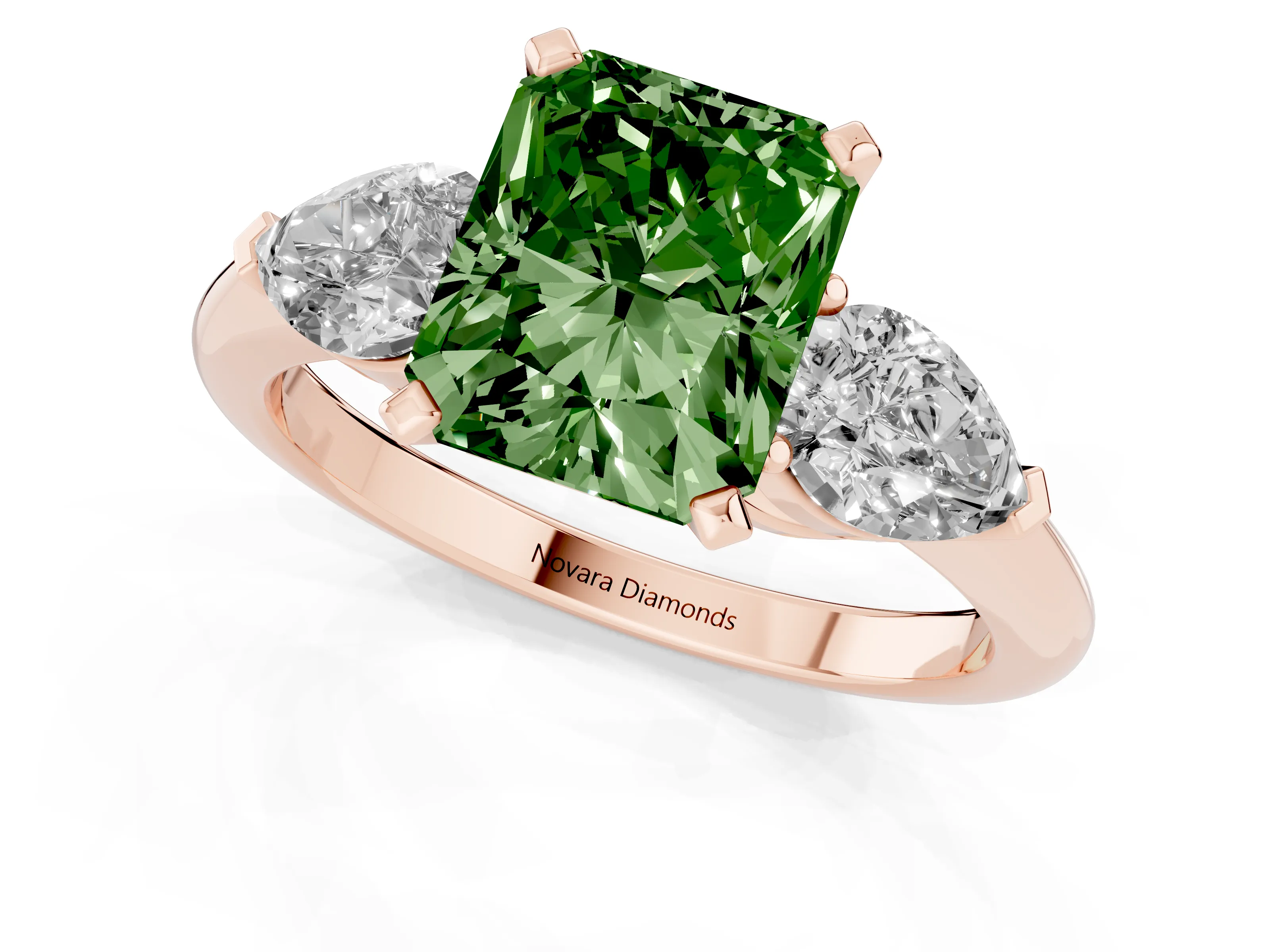 Fancy Green Three-Stone Radiant Cut Diamond Ring Set in Rose gold with Pear Side Stones and Prong Setting