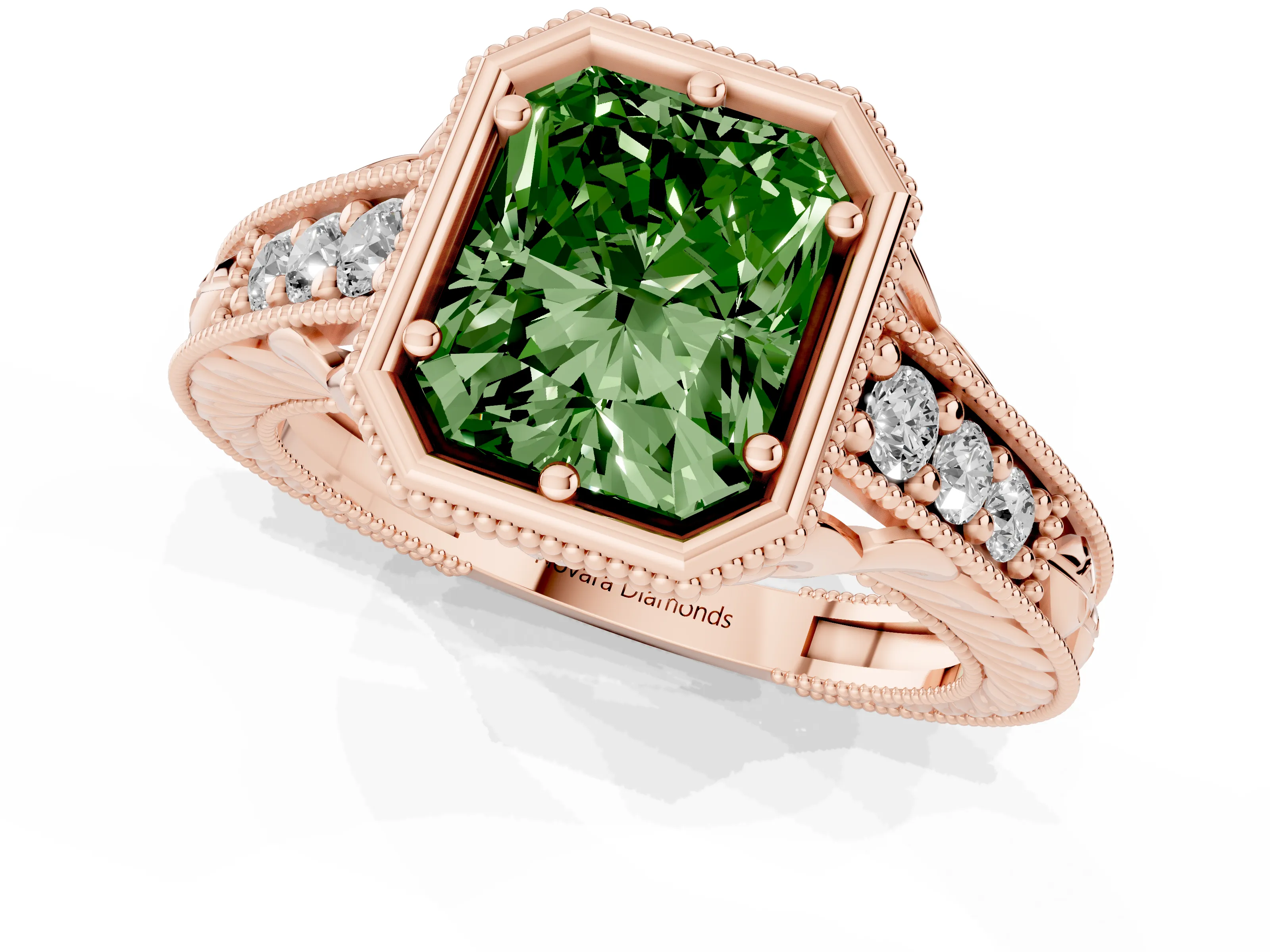Fancy Green Bezel Set Radiant Cut Diamond Milgrain Pavé Engagement Ring Set in Rose gold