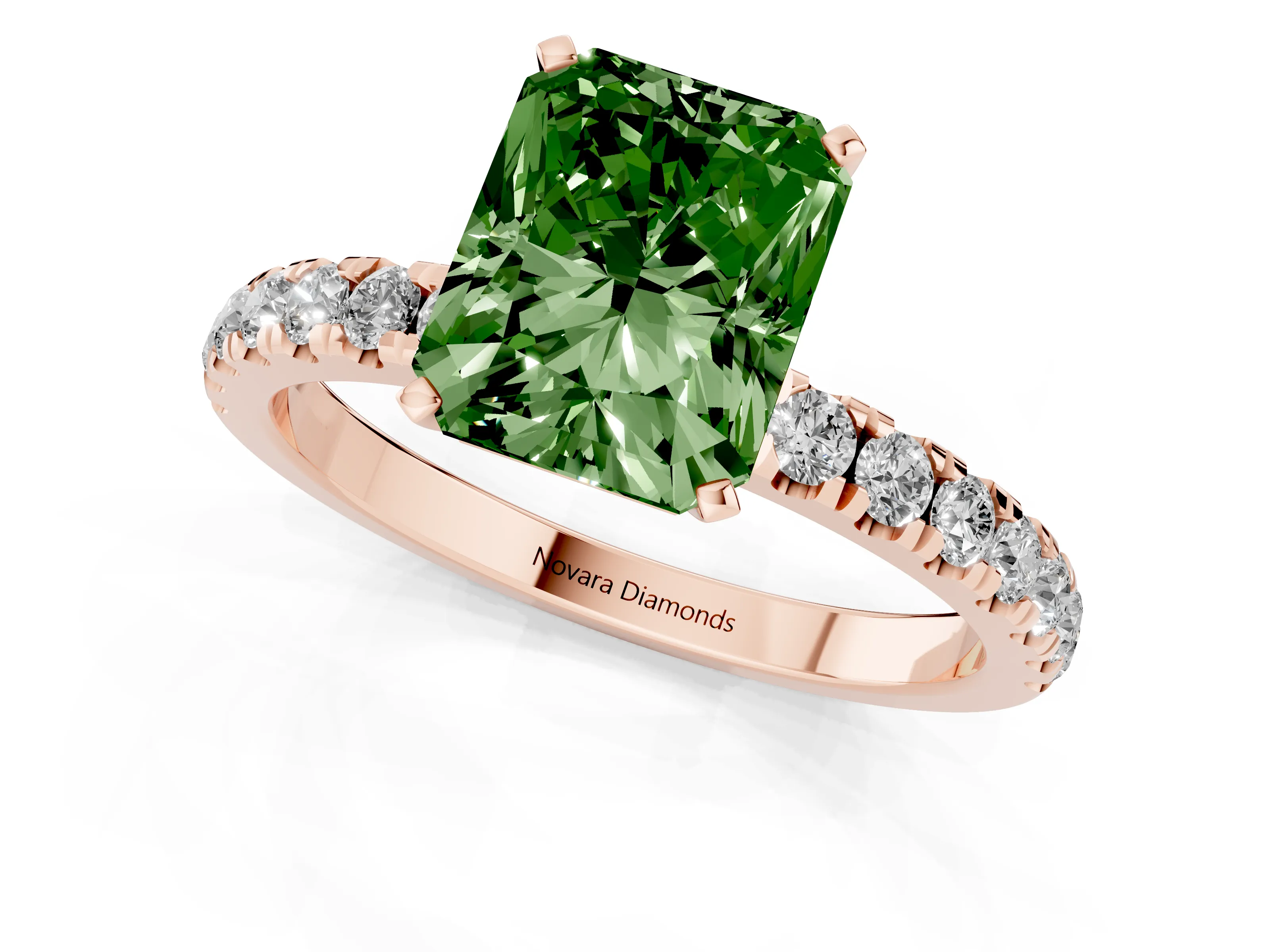 Fancy Green Radiant Cut Diamond Solitaire Ring Set in Rose gold with Pavé Accents and Prong Setting