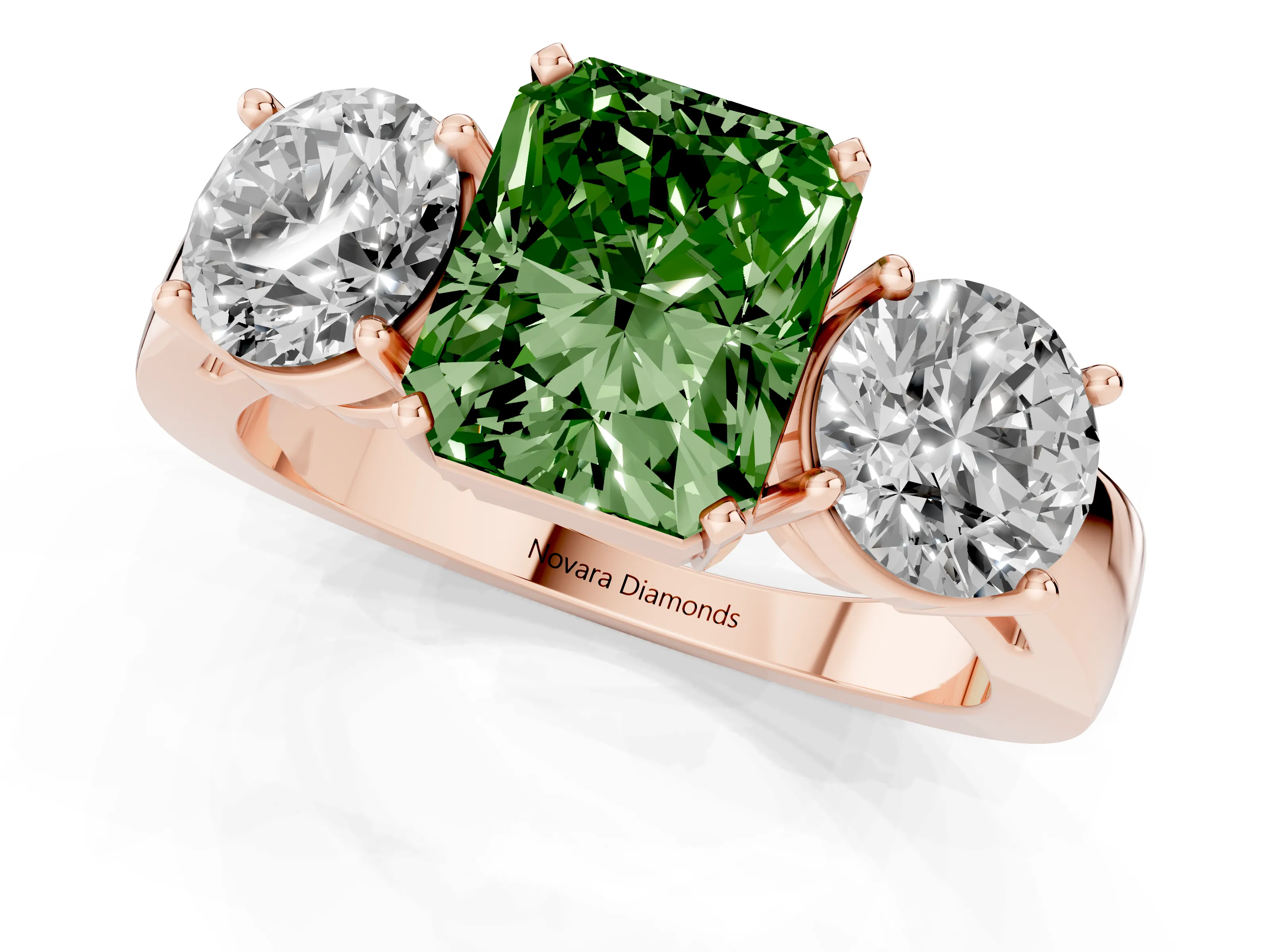 Fancy Green Radiant Cut Diamond Three-Stone Ring Set in Rose gold with Round Side Stones and Classic Band