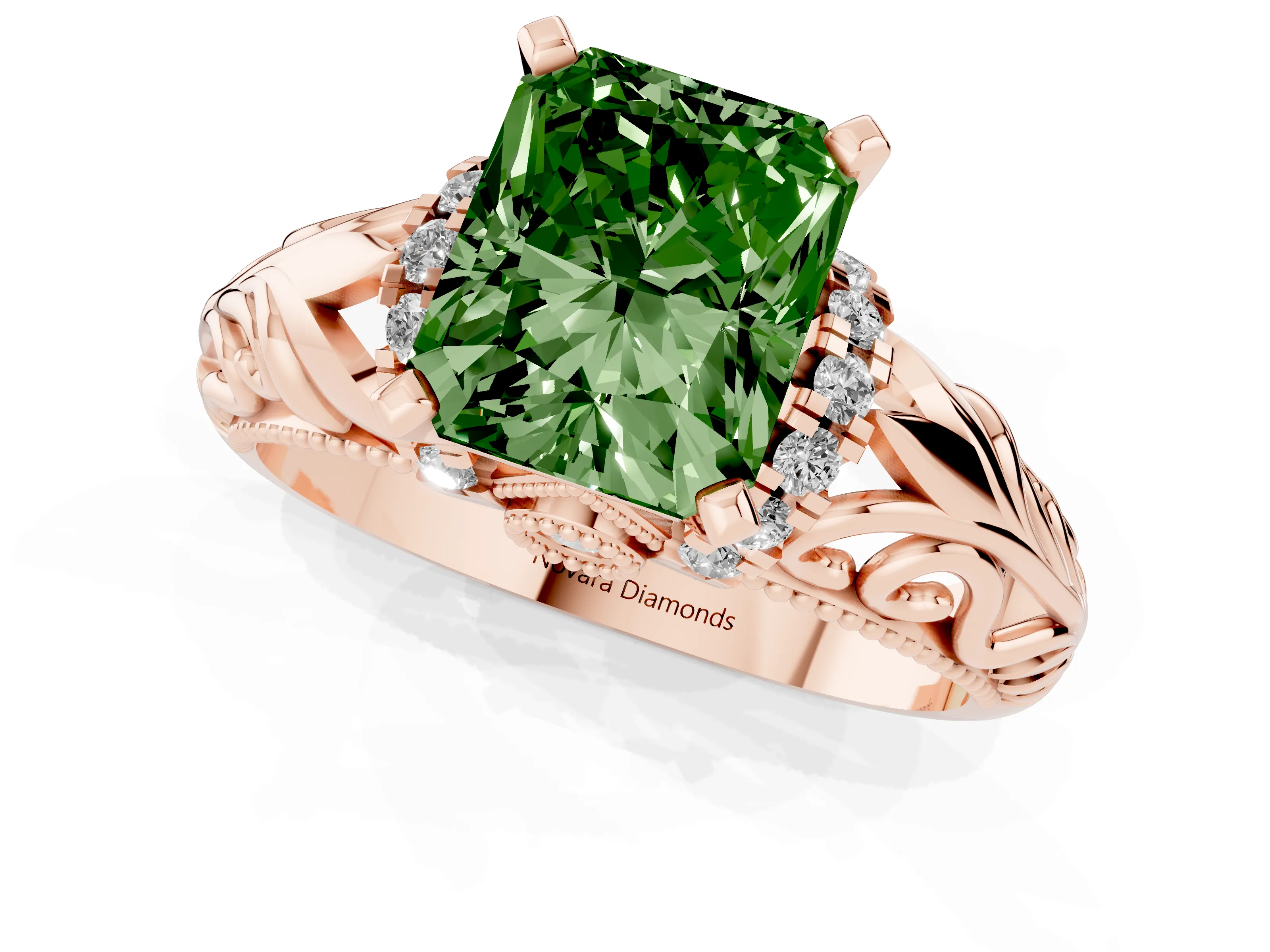 Fancy Green Radiant Cut Diamond Filigree Halo Engagement Ring Set in Rose gold with Prong Setting