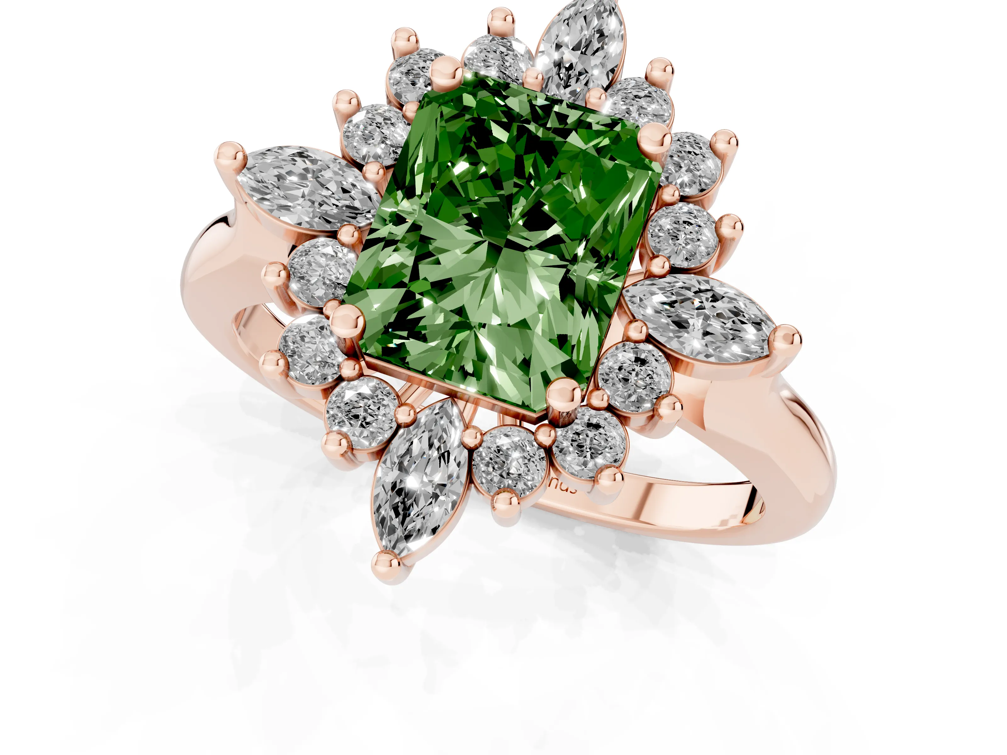 Fancy Green Radiant Cut Diamond Cluster Halo Ring Set in Rose gold with Marquise and Round Accents