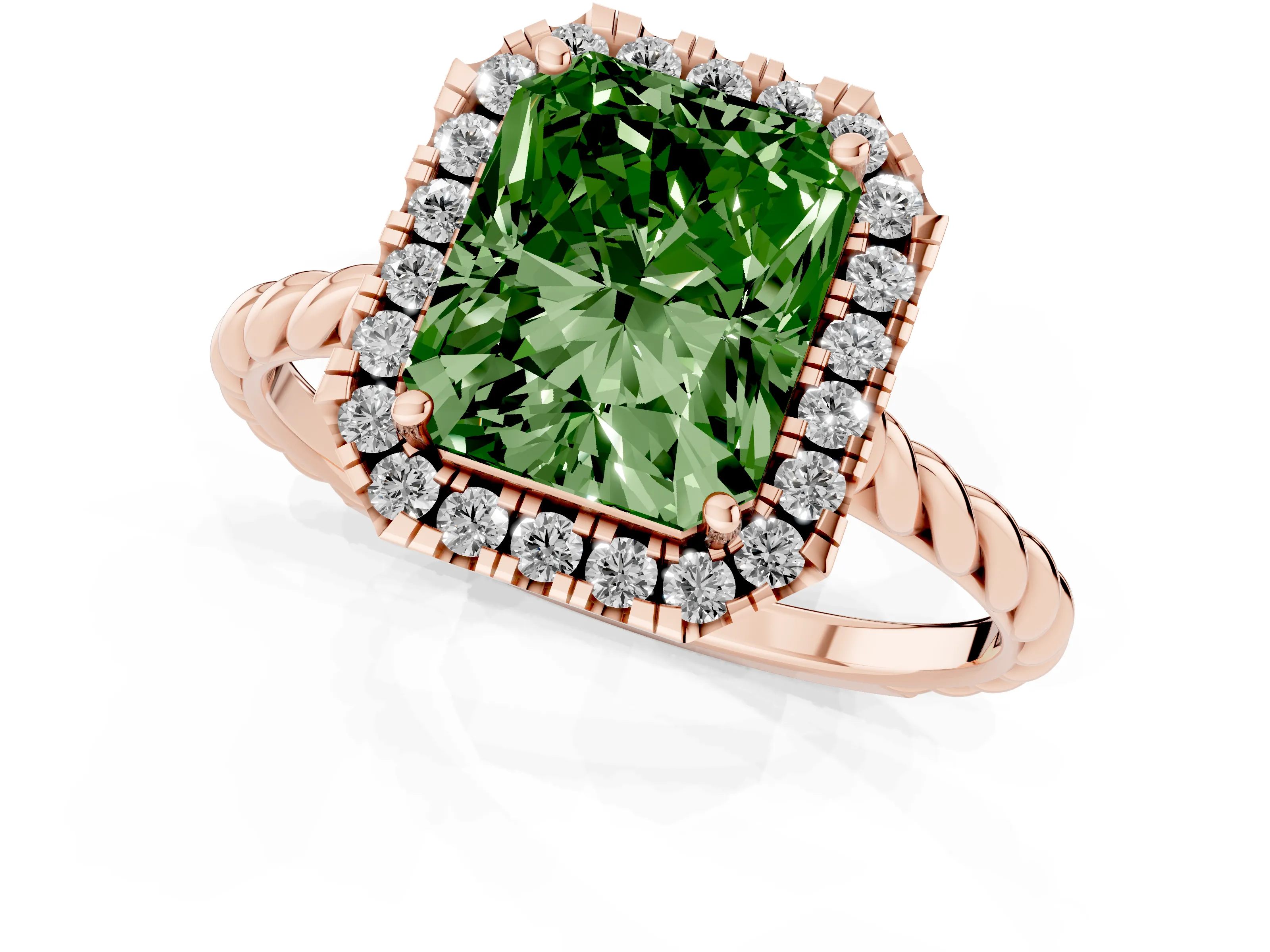 Fancy Green Radiant Cut Diamond Halo Ring Set in Rose gold with Plain Twisted Band