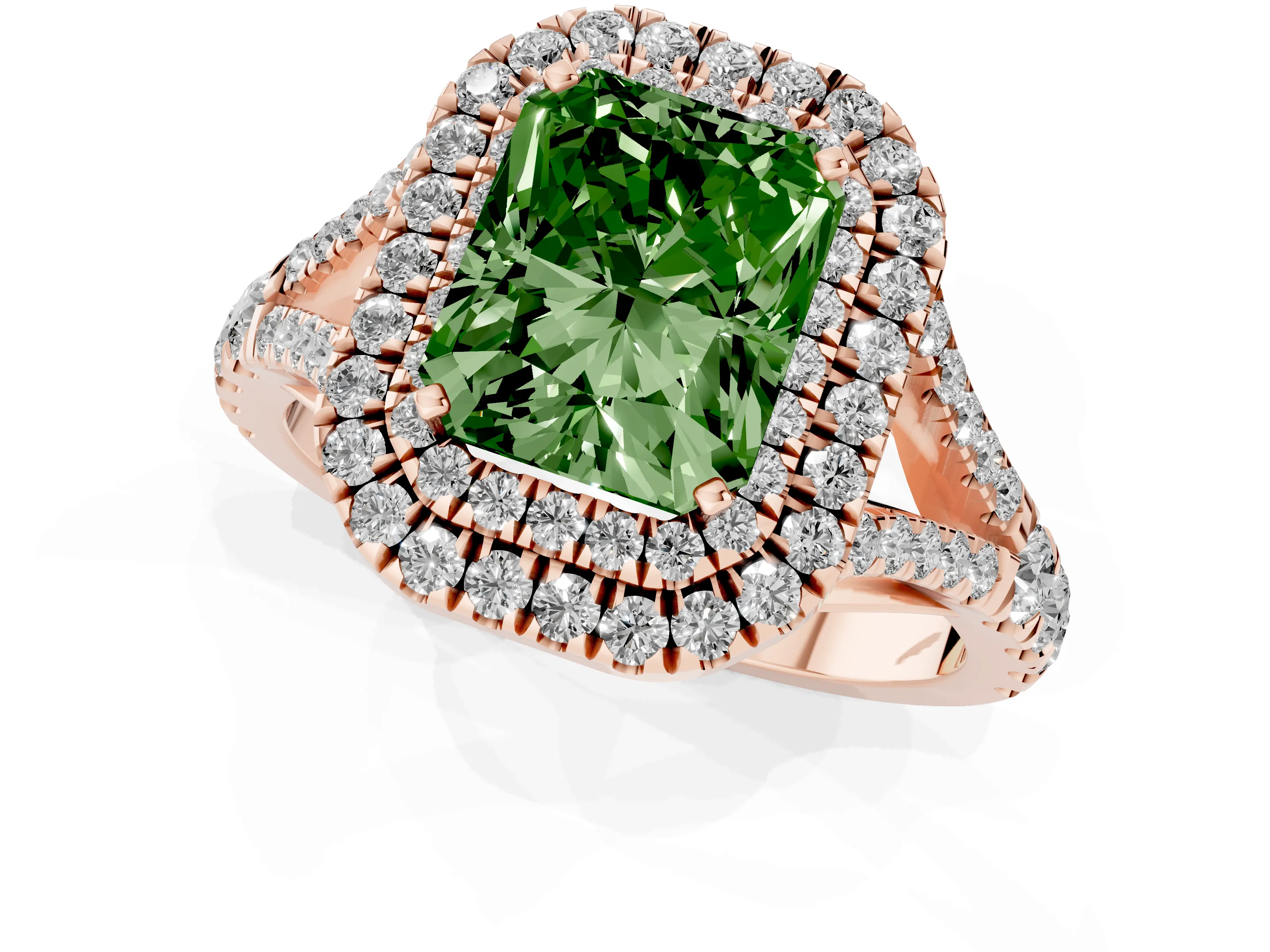 Fancy Green Radiant Cut Diamond Pavé Split Shank Double Halo Engagement Ring Set in Rose gold – second view