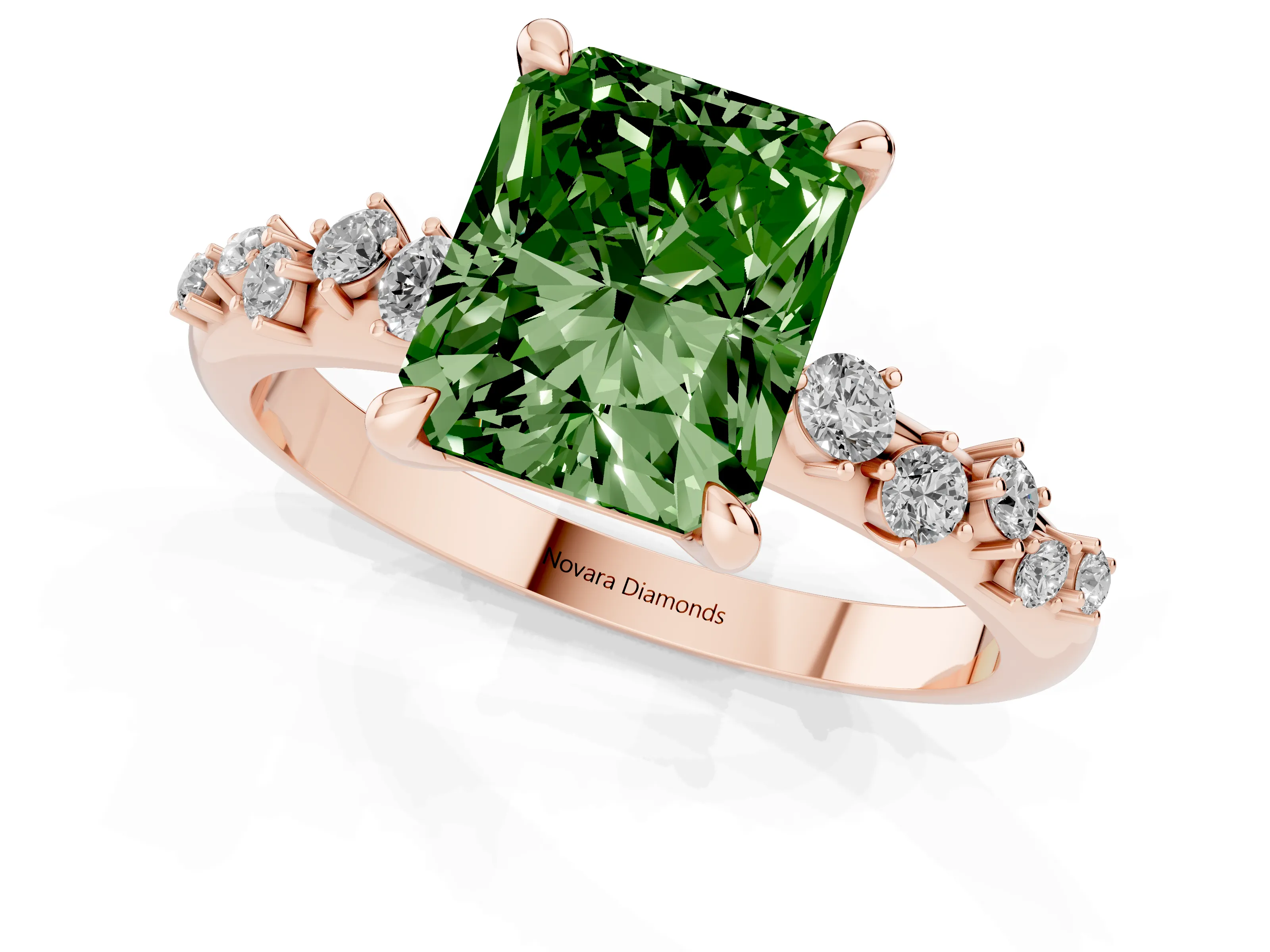 Fancy Green Radiant Cut Diamond Solitaire Vine Band Ring Set in Rose gold with Round Accents and Prong Setting – second view