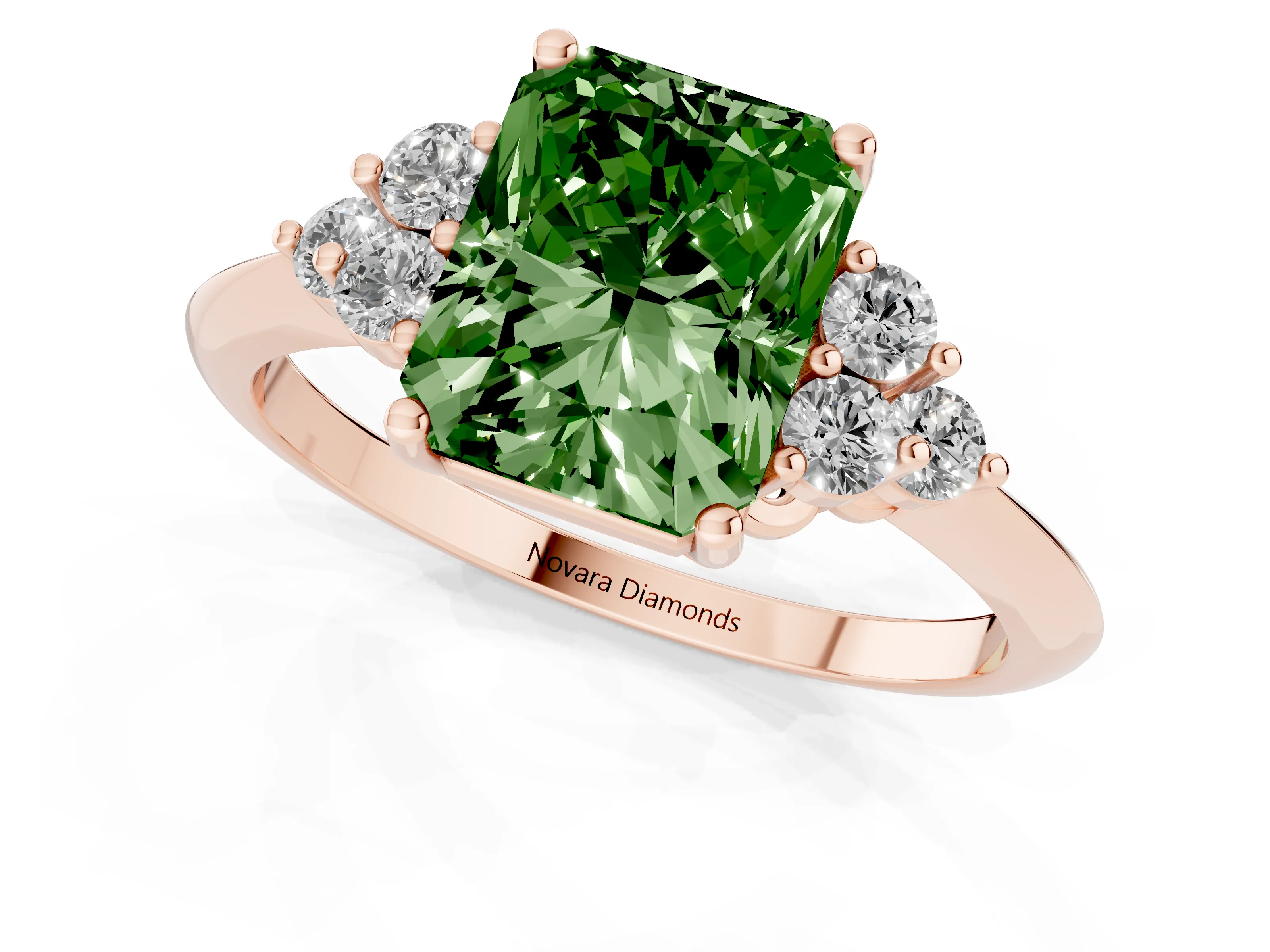 Fancy Green Radiant Cut Diamond Cluster Ring Set in Rose gold with Plain Band and Prong Setting