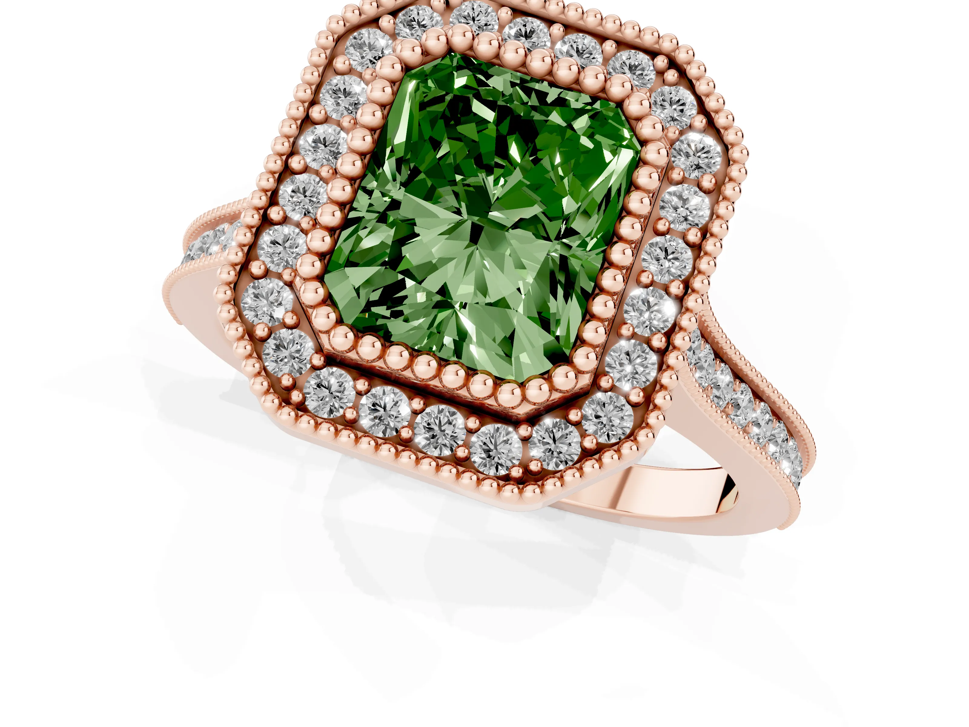 Fancy Green Radiant Cut Diamond Halo Ring Set in Rose gold with Milgrain Frame and Pavé Band