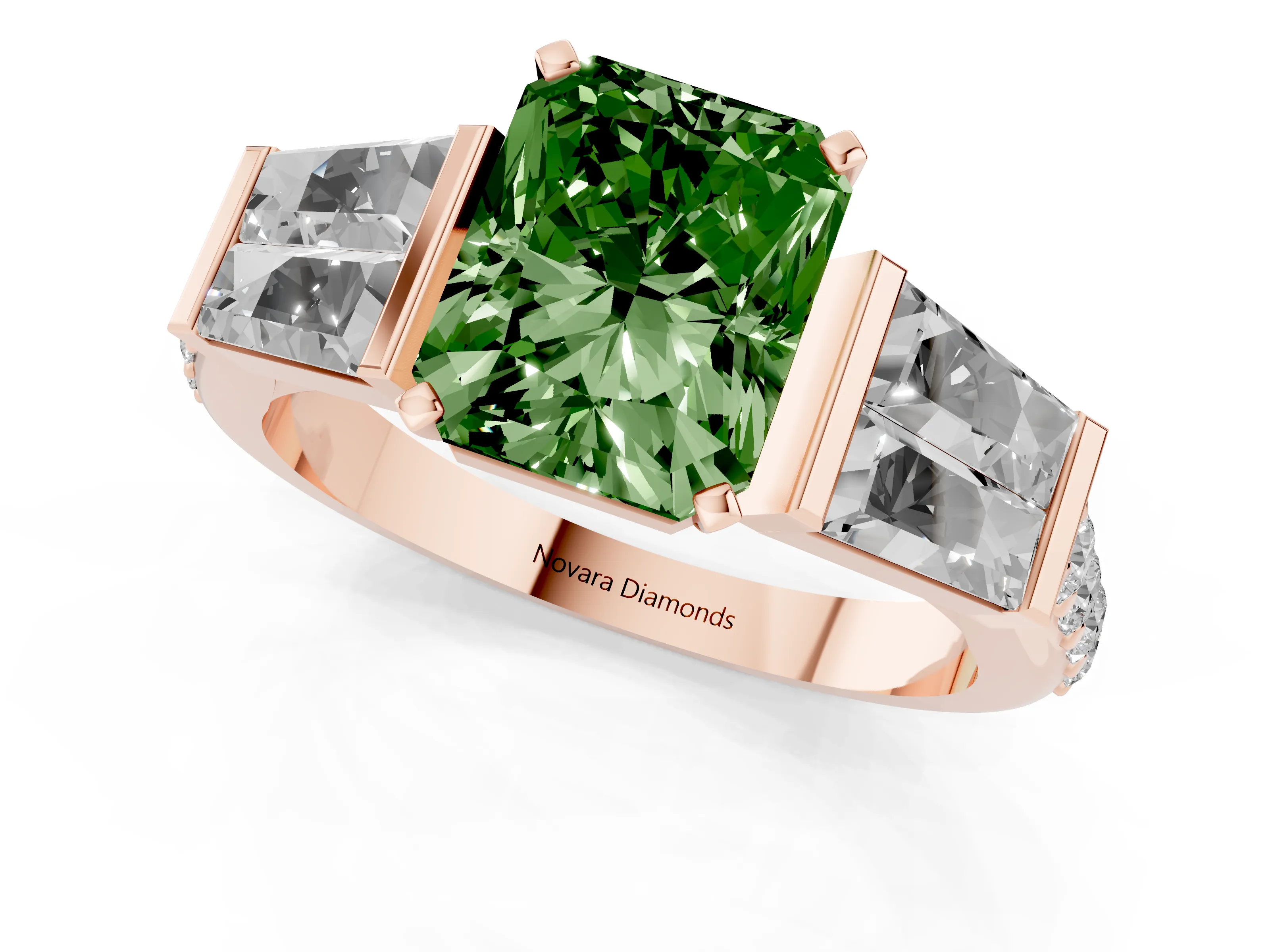 Fancy Green Radiant Cut Diamond Engagement Ring Set in Rose gold with Baguette Side Stones and Channel Set Band