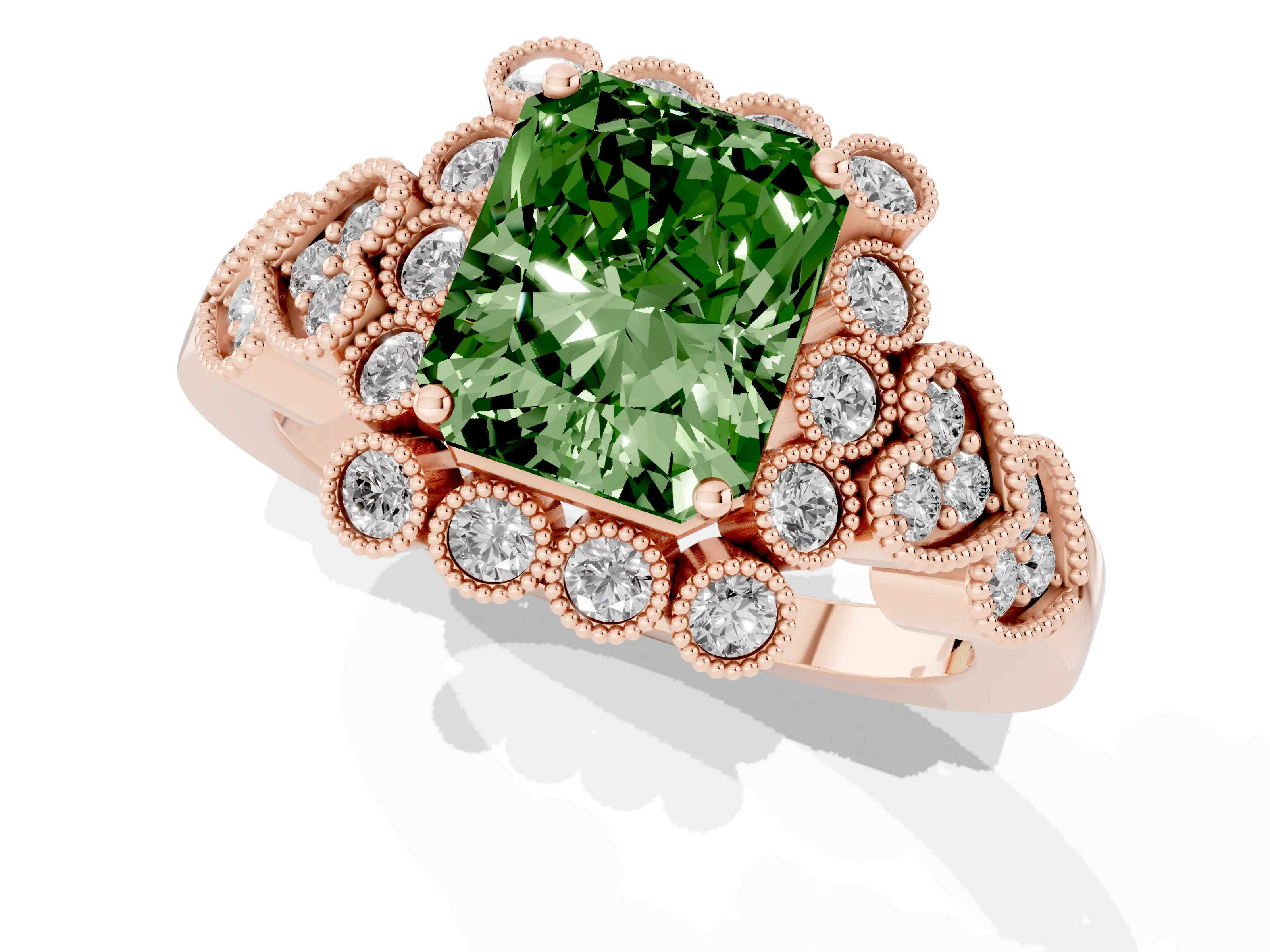Fancy Green Radiant Cut Diamond Solitaire Ring Set in Rose gold with Milgrain Pavé Heart Band