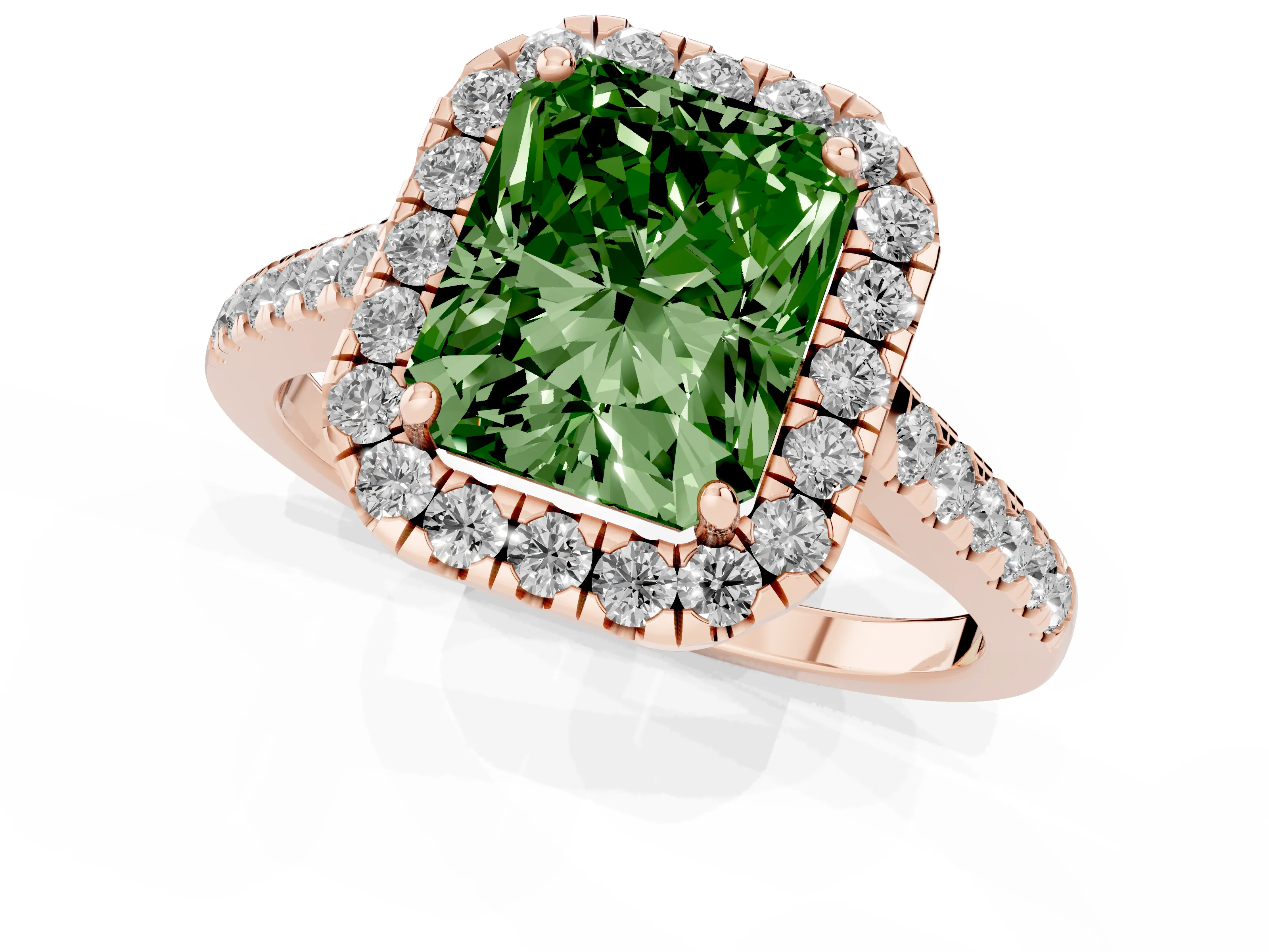 Fancy Green Radiant Cut Diamond Halo Pavé Engagement Ring Set in Rose gold with Prong Setting