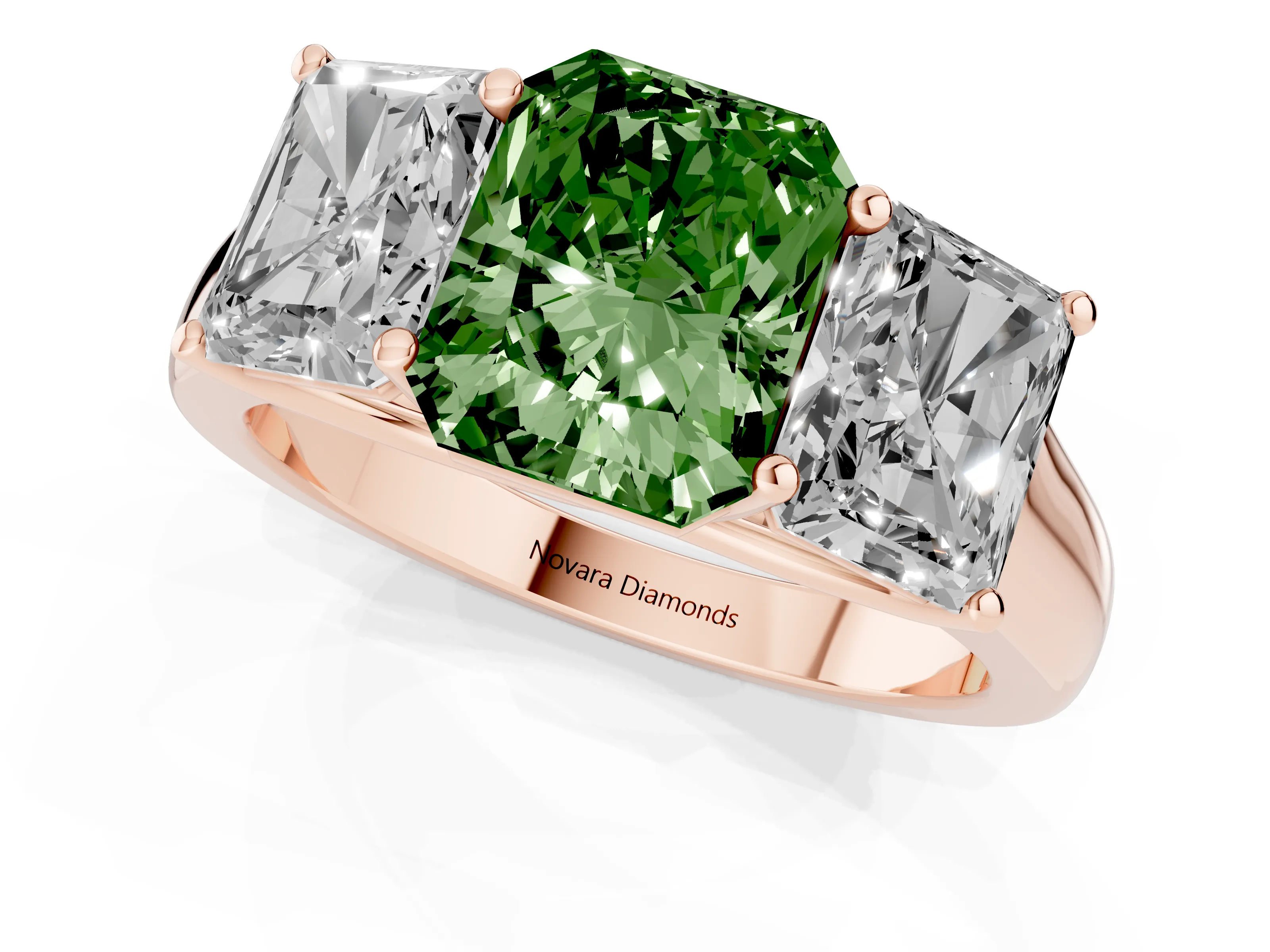 Fancy Green Radiant Cut Diamond Three-Stone Ring Set in Rose gold with Plain Polished Band