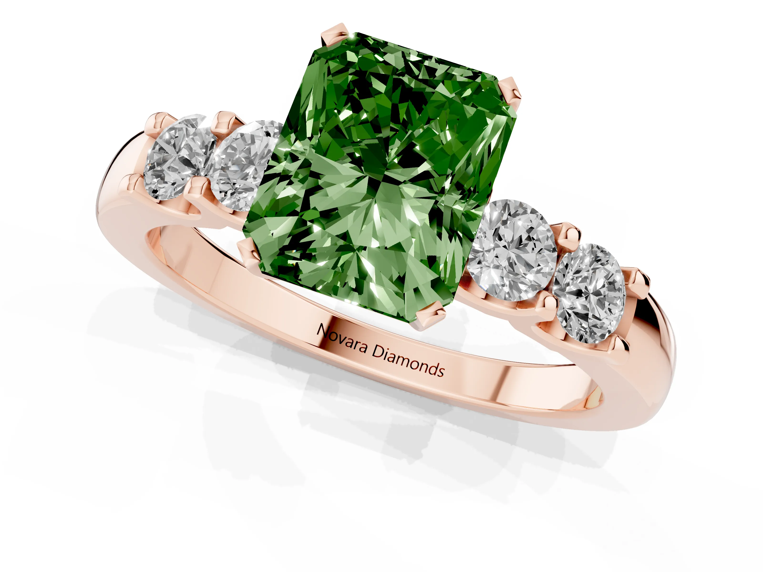 Fancy Green Radiant Cut Diamond Five-Stone Prong Set Engagement Ring Set in Rose gold with Channel Band