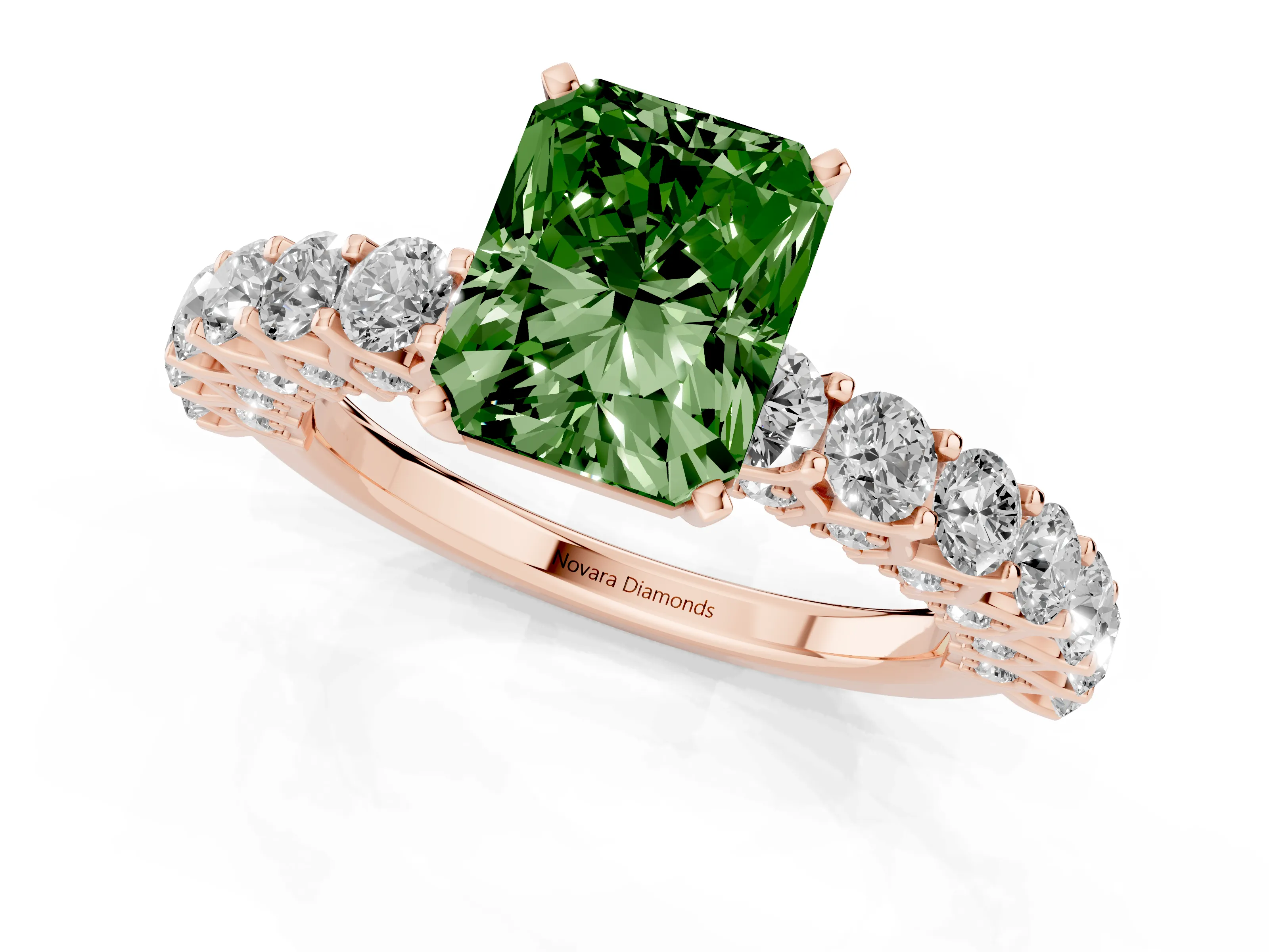 Fancy Green Radiant Cut Diamond Solitaire Ring Set in Rose gold with Shared Prong Pavé Band