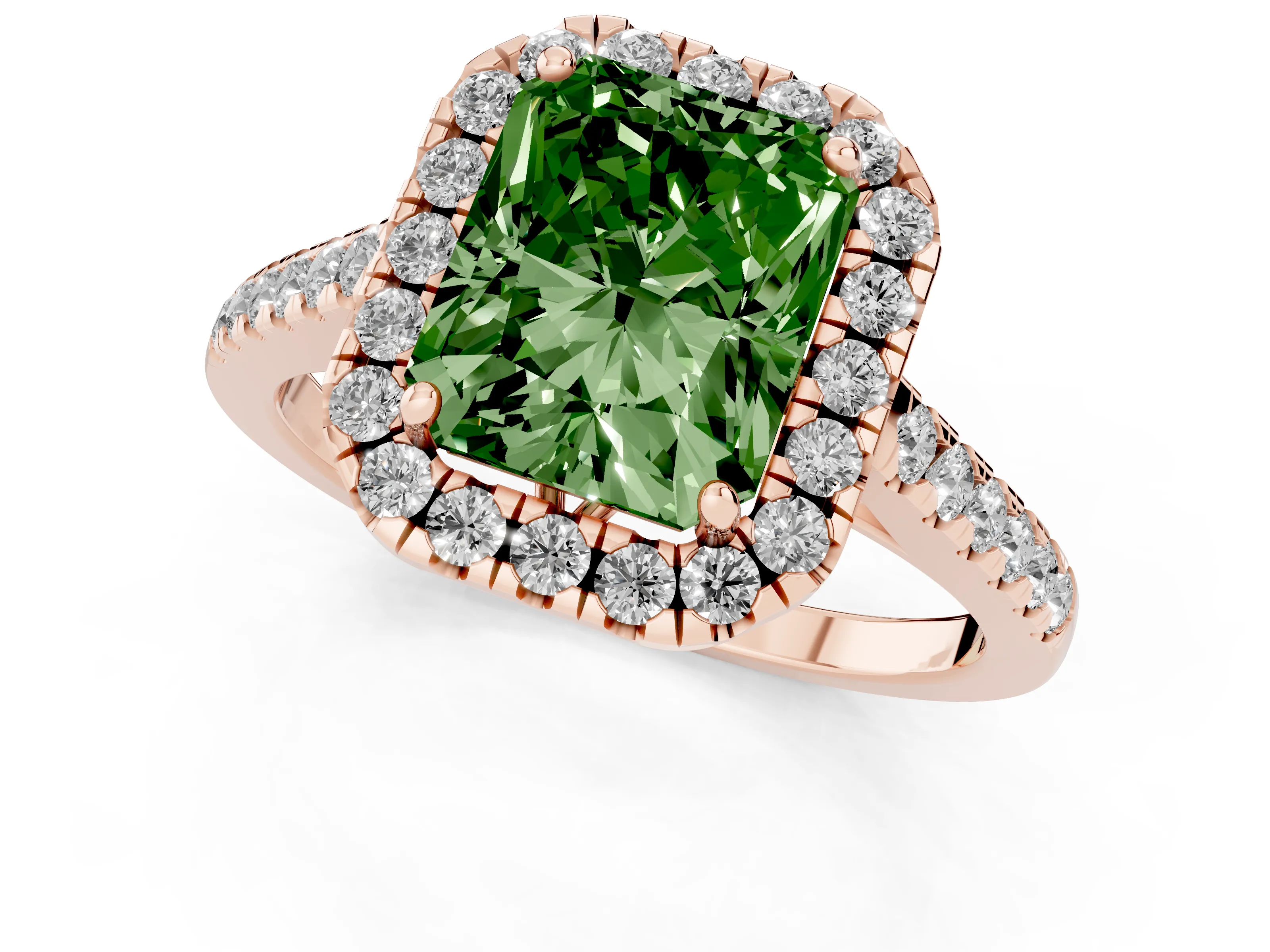 Fancy Green Radiant Cut Diamond Pavé Halo Engagement Ring Set in Rose gold with Pavé Band and Prong Setting