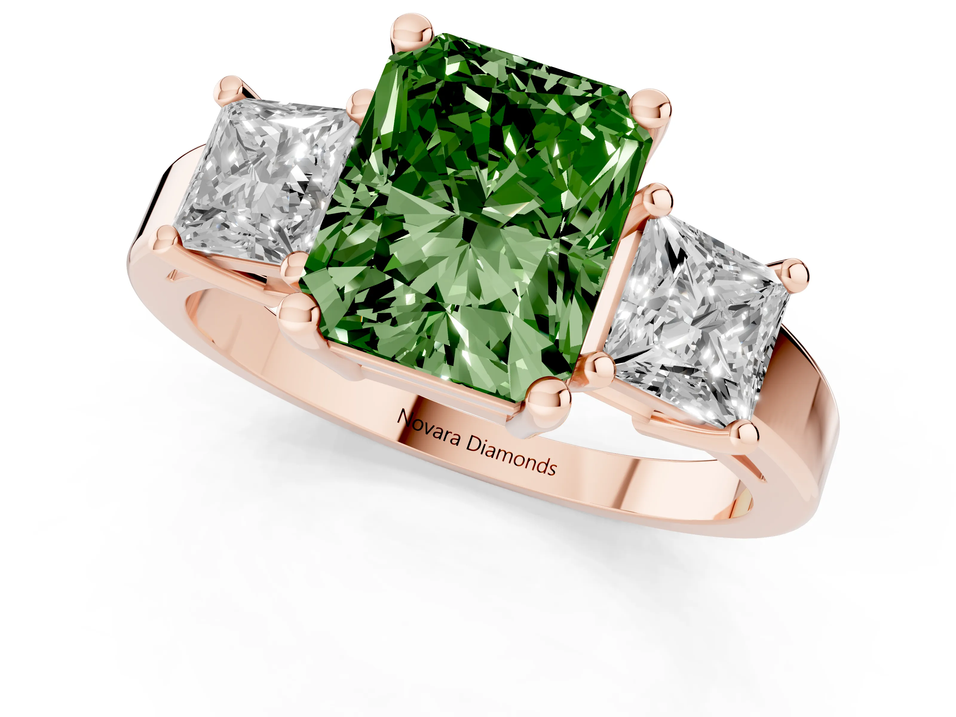 Fancy Green Three-Stone Radiant Cut Diamond Solitaire Ring Set in Rose gold with Prong Setting