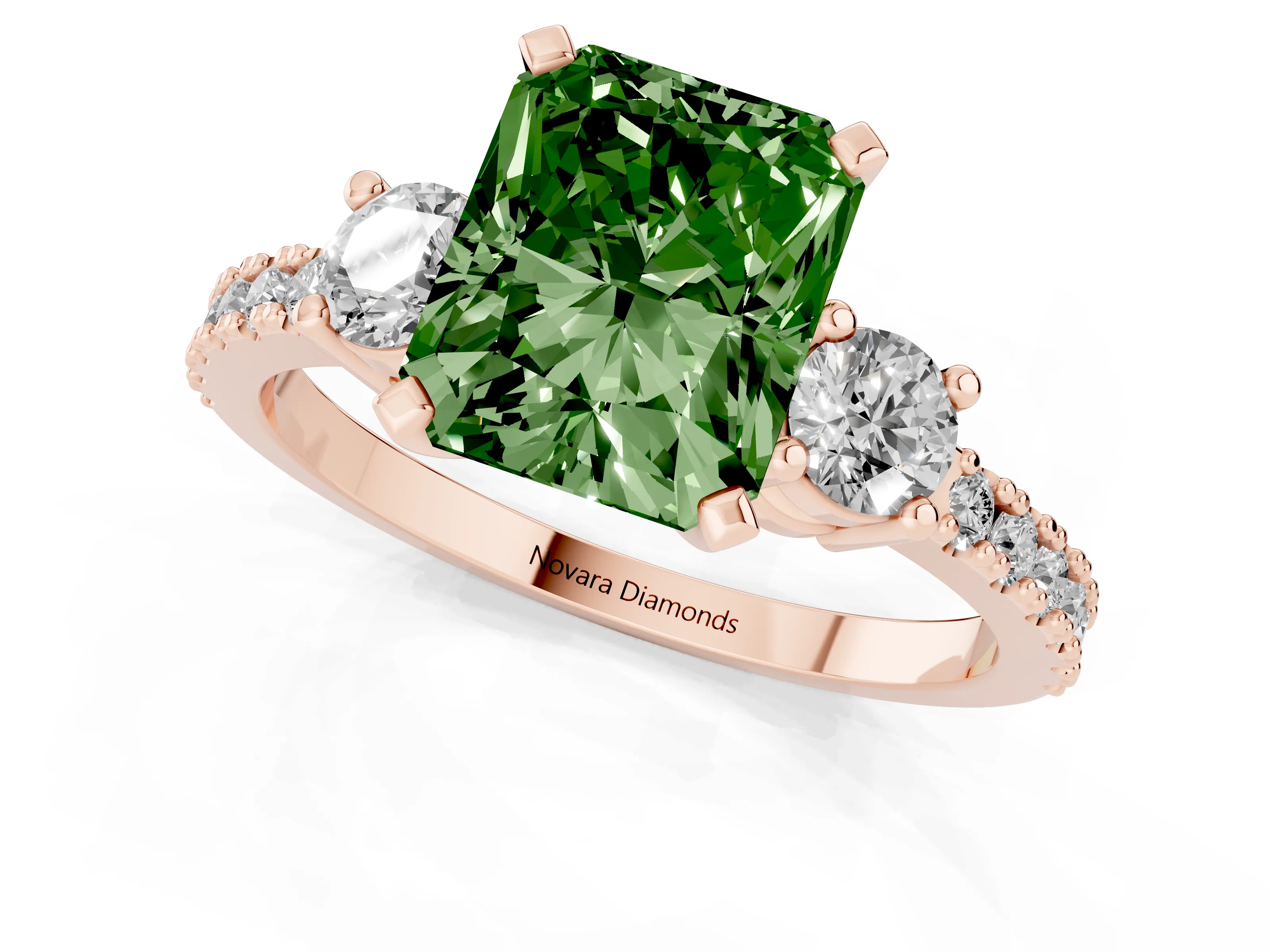 Fancy Green Three-Stone Radiant Cut Diamond Pavé Band Ring Set in Rose gold with Prong Setting