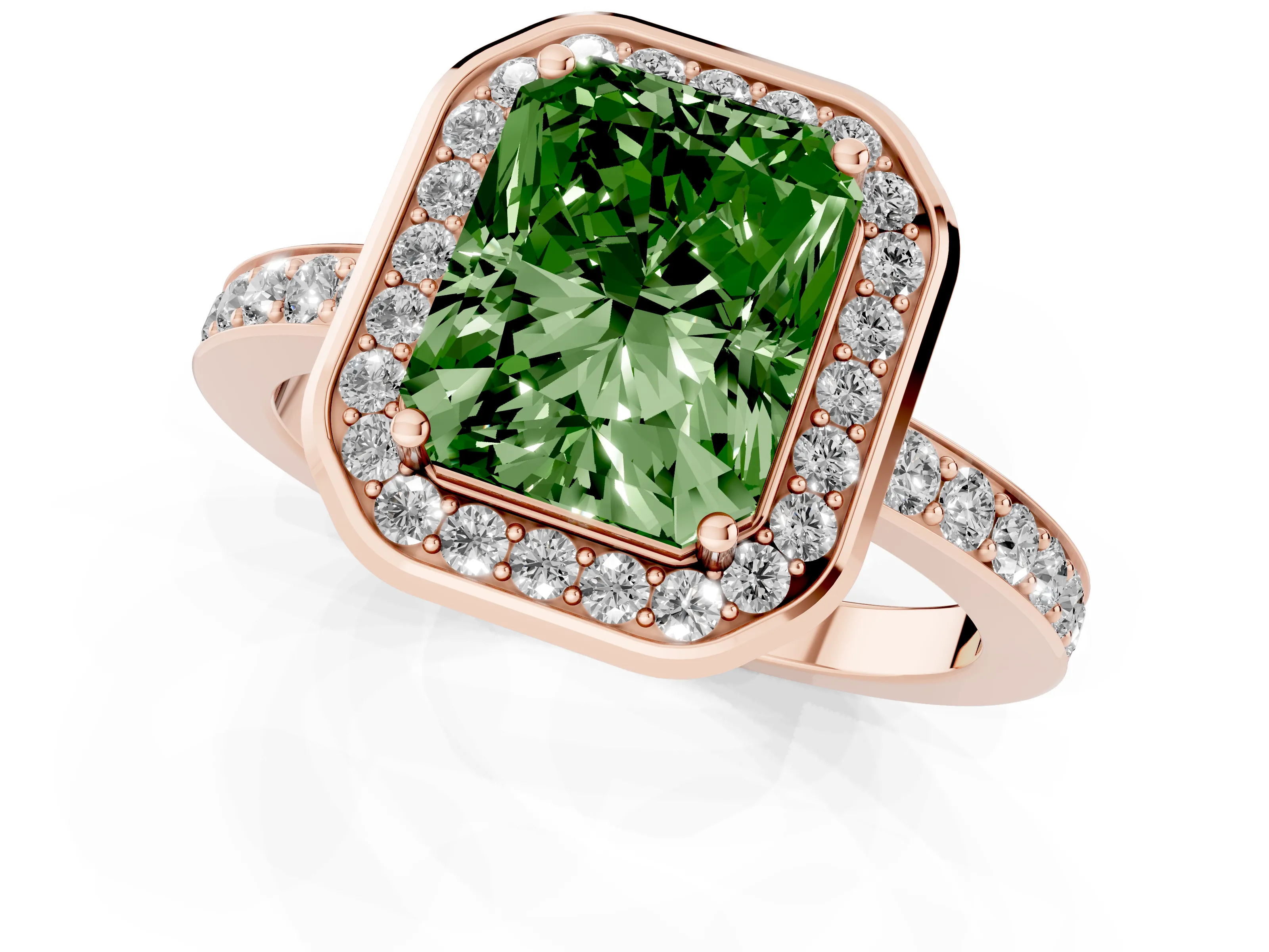 Fancy Green Radiant Cut Diamond Halo Ring Set in Rose gold with Bezel Frame and Pavé Band