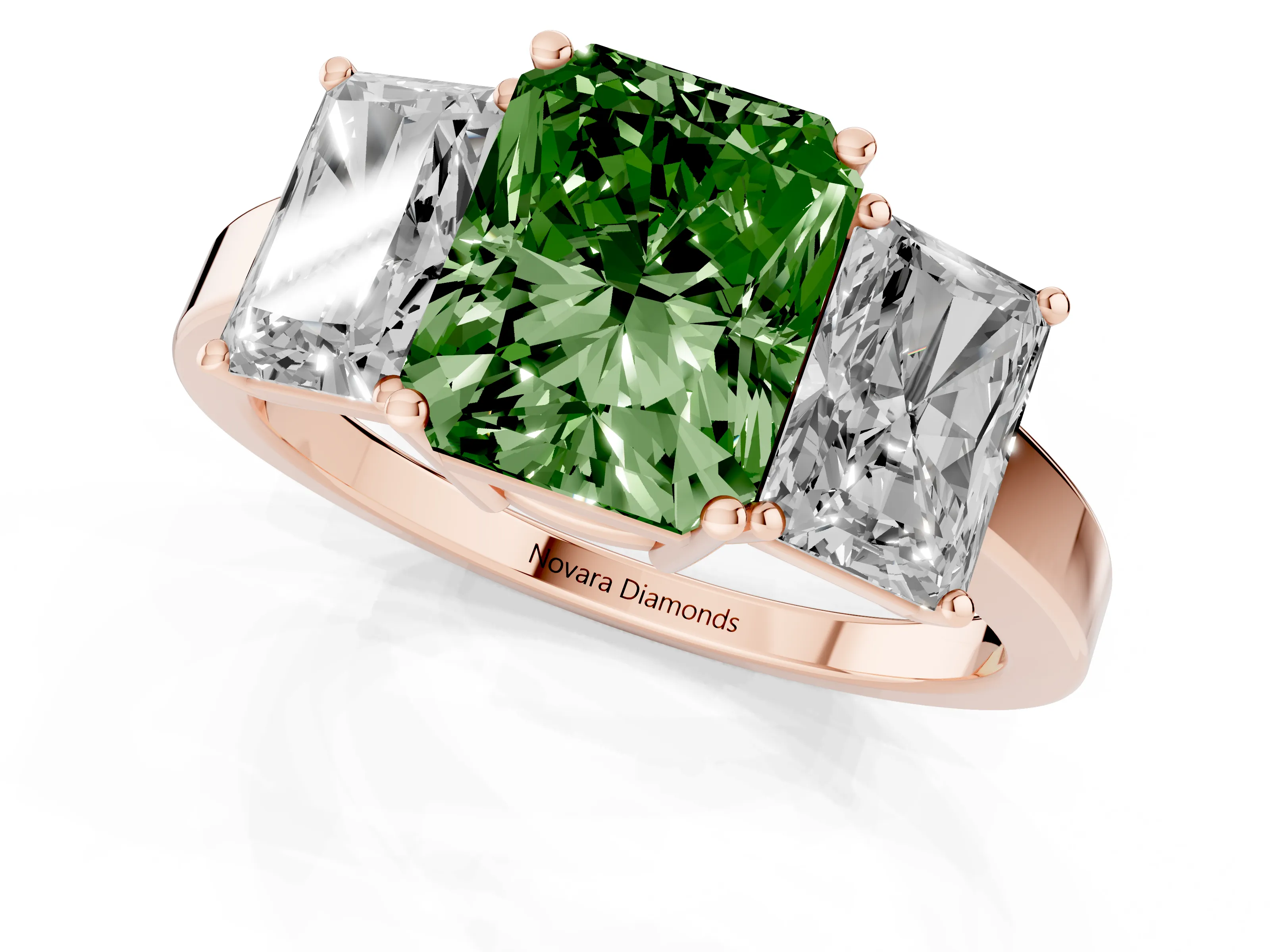 Fancy Green Radiant Cut Diamond Three-Stone Engagement Ring Set in Rose gold with Flat Band