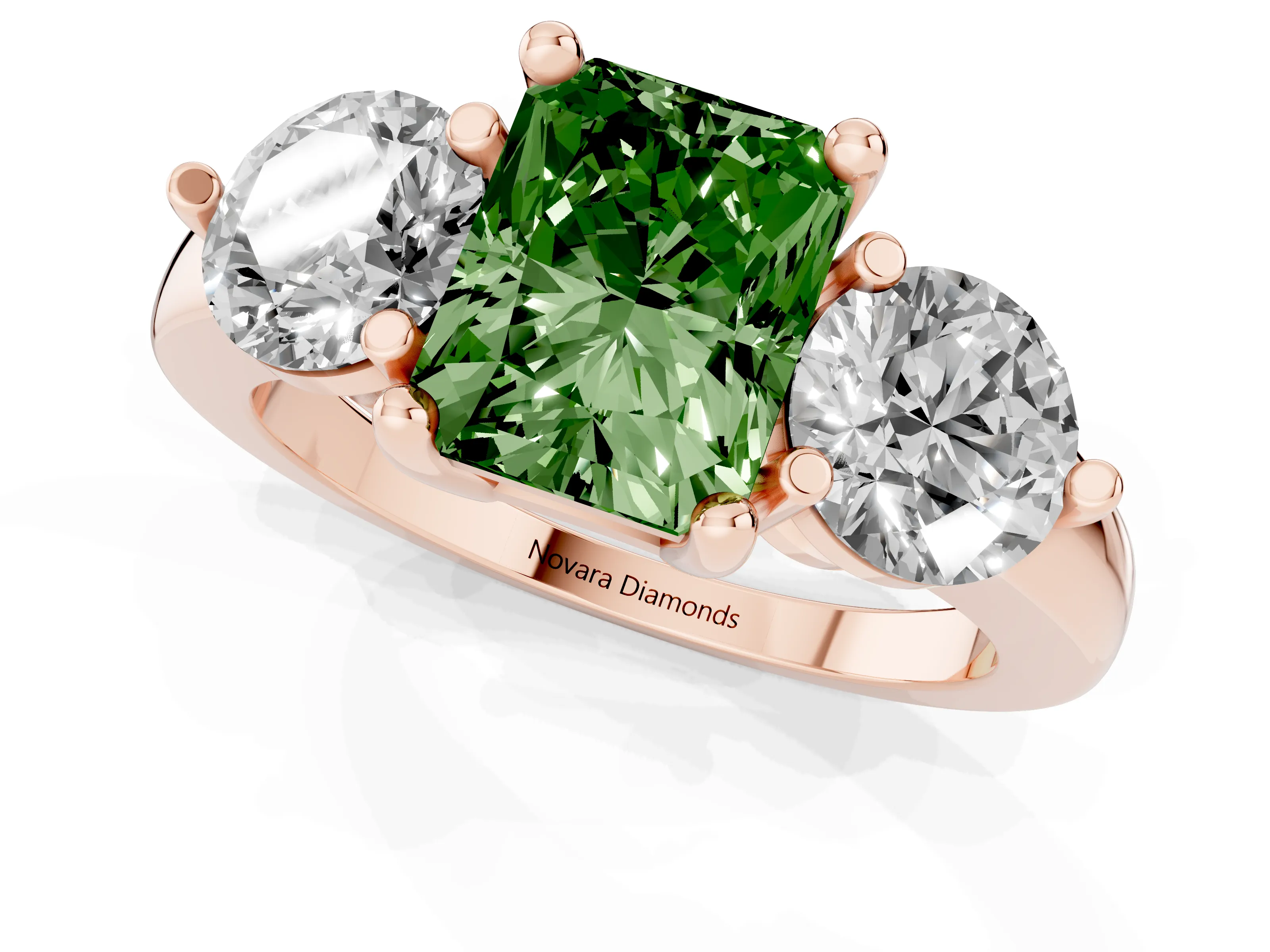 Fancy Green Radiant Cut Diamond Three-Stone Ring Set in Rose gold with Prong Setting and Classic Band