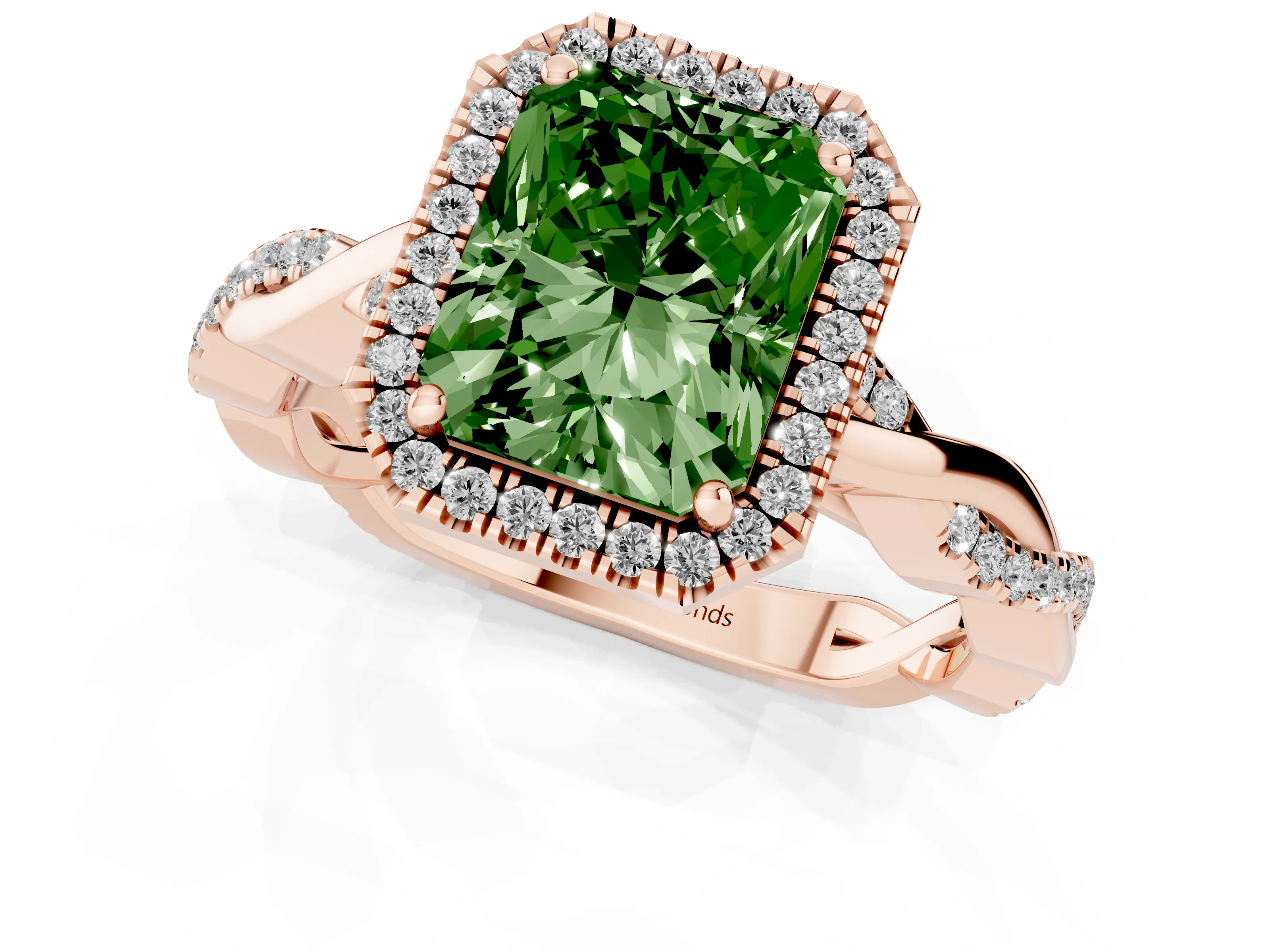 Fancy Green Radiant Cut Diamond Halo Twisted Band Ring Set in Rose gold with Prong Setting