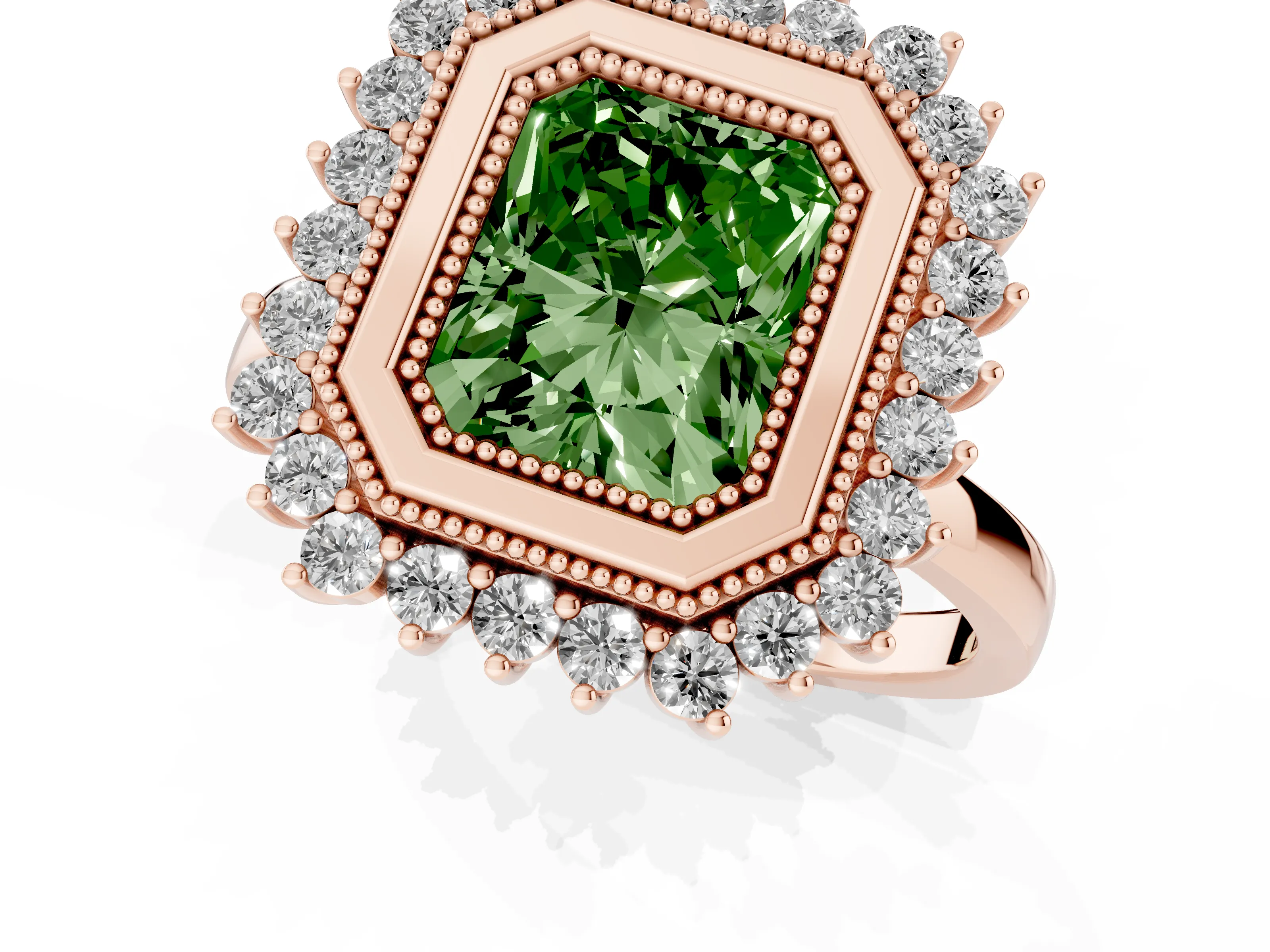 Fancy Green Radiant Cut Diamond Halo Ring Set in Rose gold with Milgrain Edge and Round Prong Setting