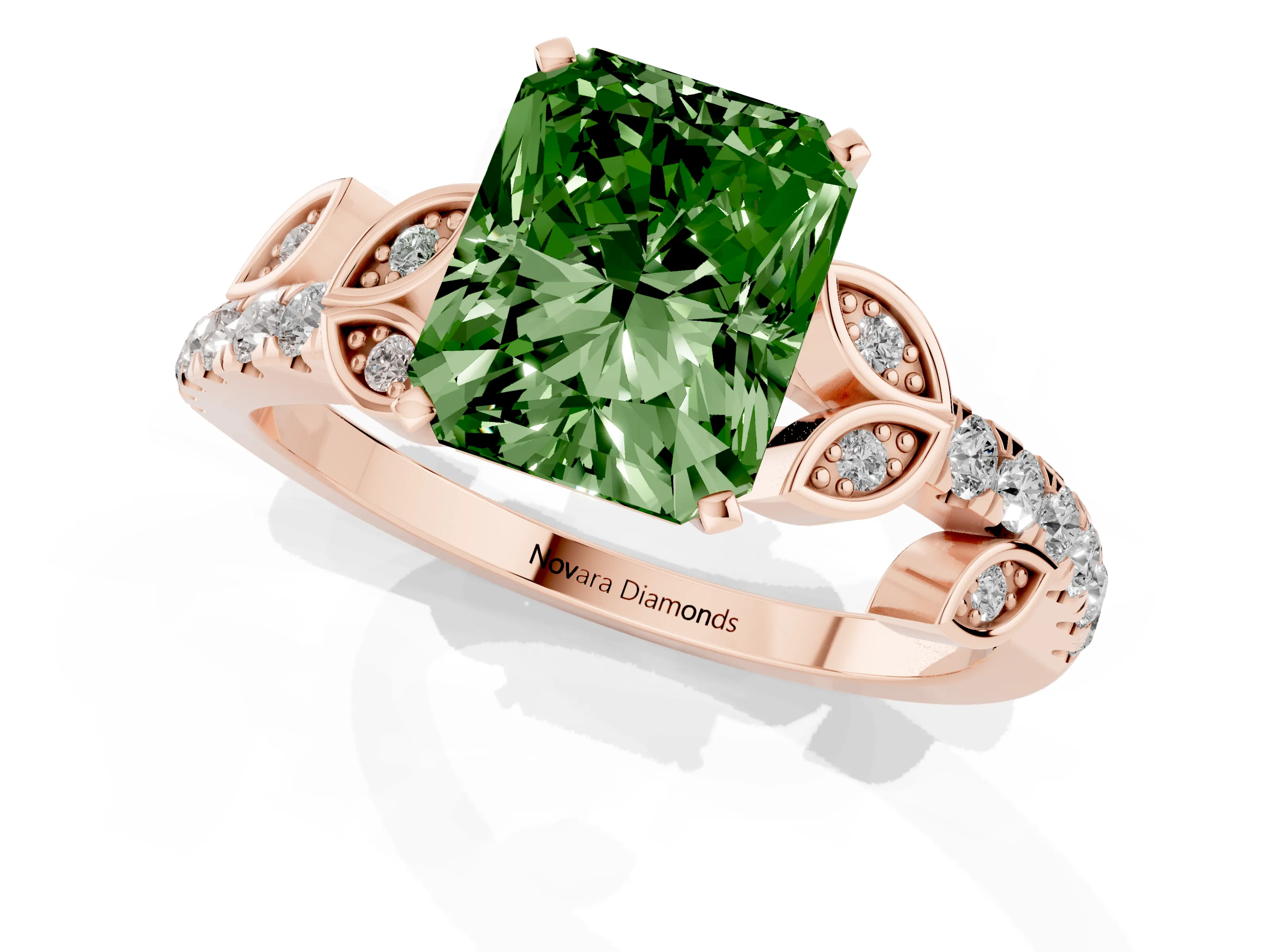 Fancy Green Radiant Cut Diamond Solitaire Leaf-Inspired Ring Set in Rose gold with Pavé Band and Prong Setting
