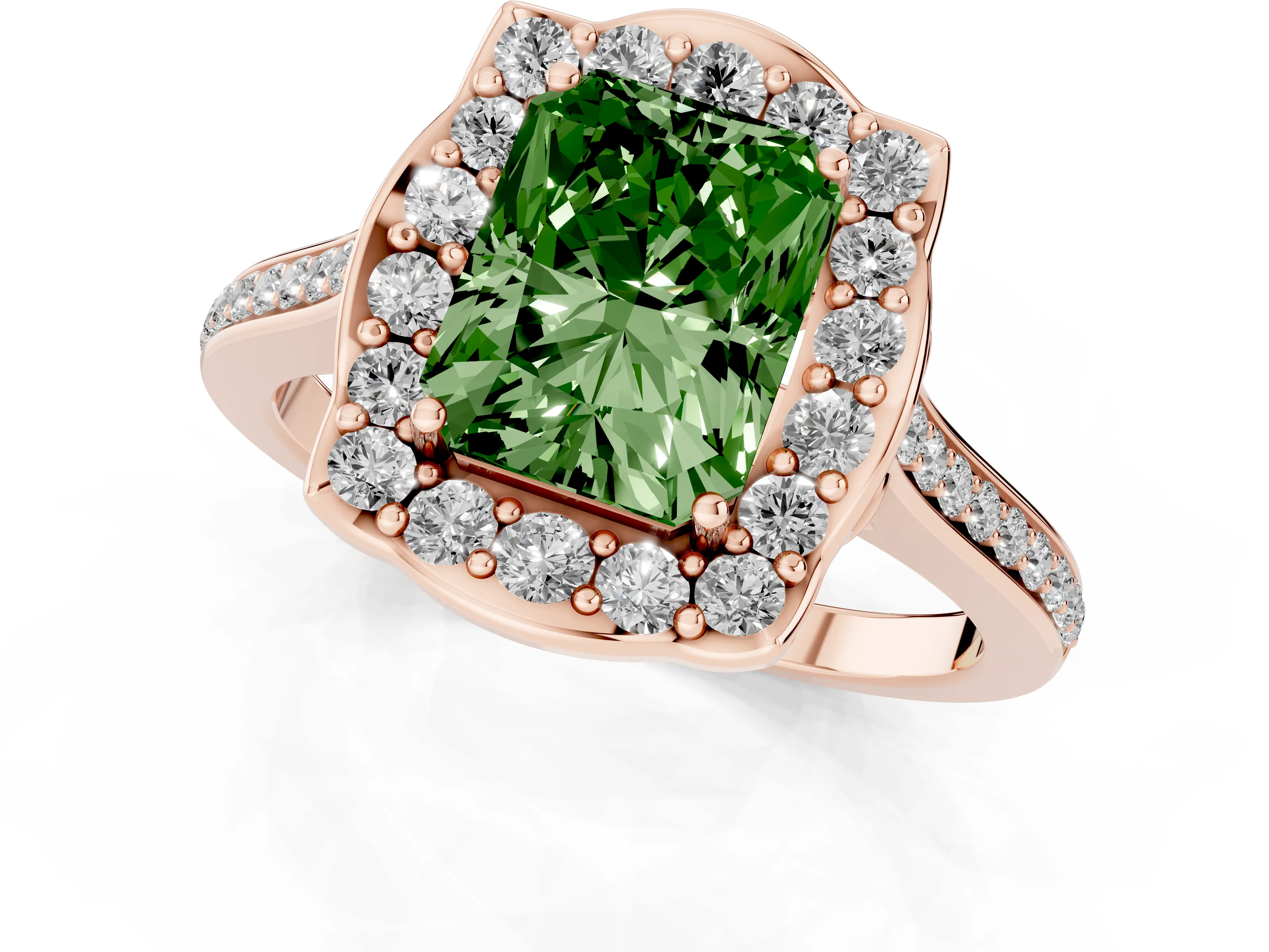 Fancy Green Radiant Cut Diamond Halo Ring Set in Rose gold with Pavé-Lined Shoulders and Prong Setting