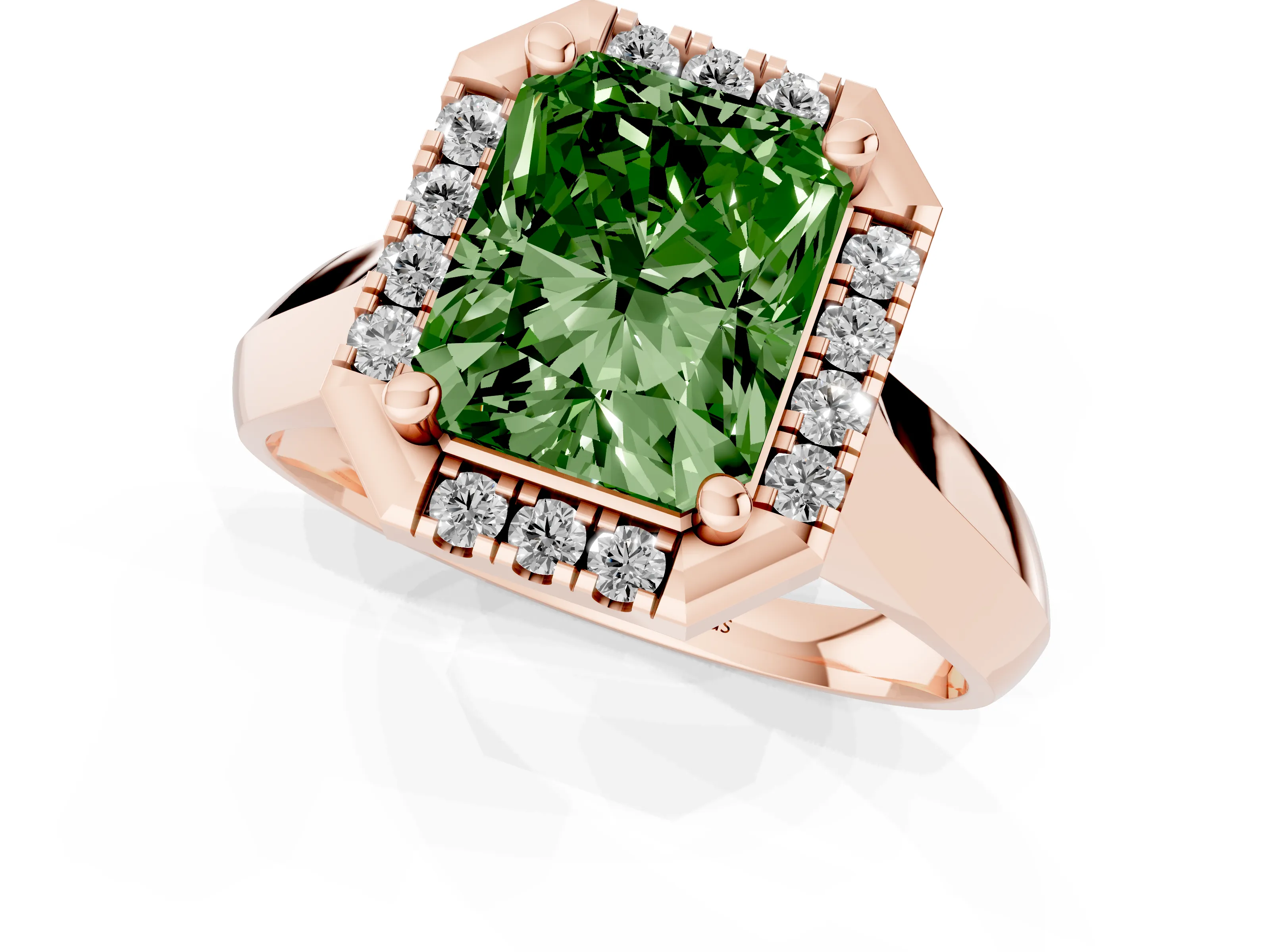 Fancy Green Radiant Cut Diamond Halo Solitaire Engagement Ring Set in Rose gold with Square Band and Prong Setting
