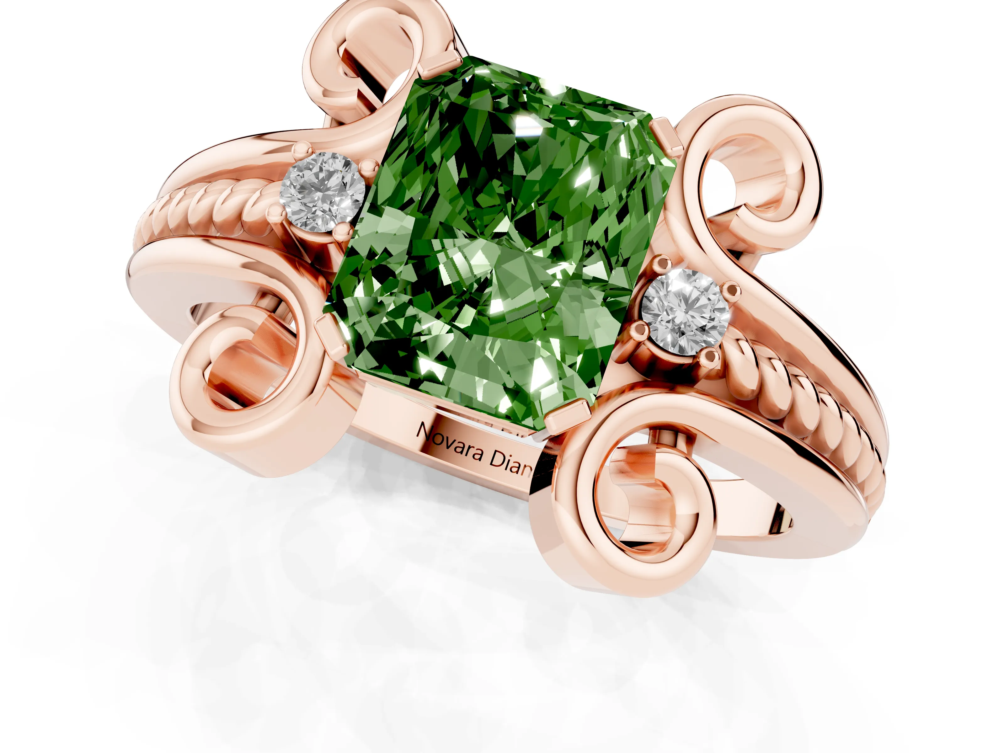 Fancy Green Radiant Cut Diamond Twisted Band Solitaire Ring Set in Rose gold with Scroll Prongs