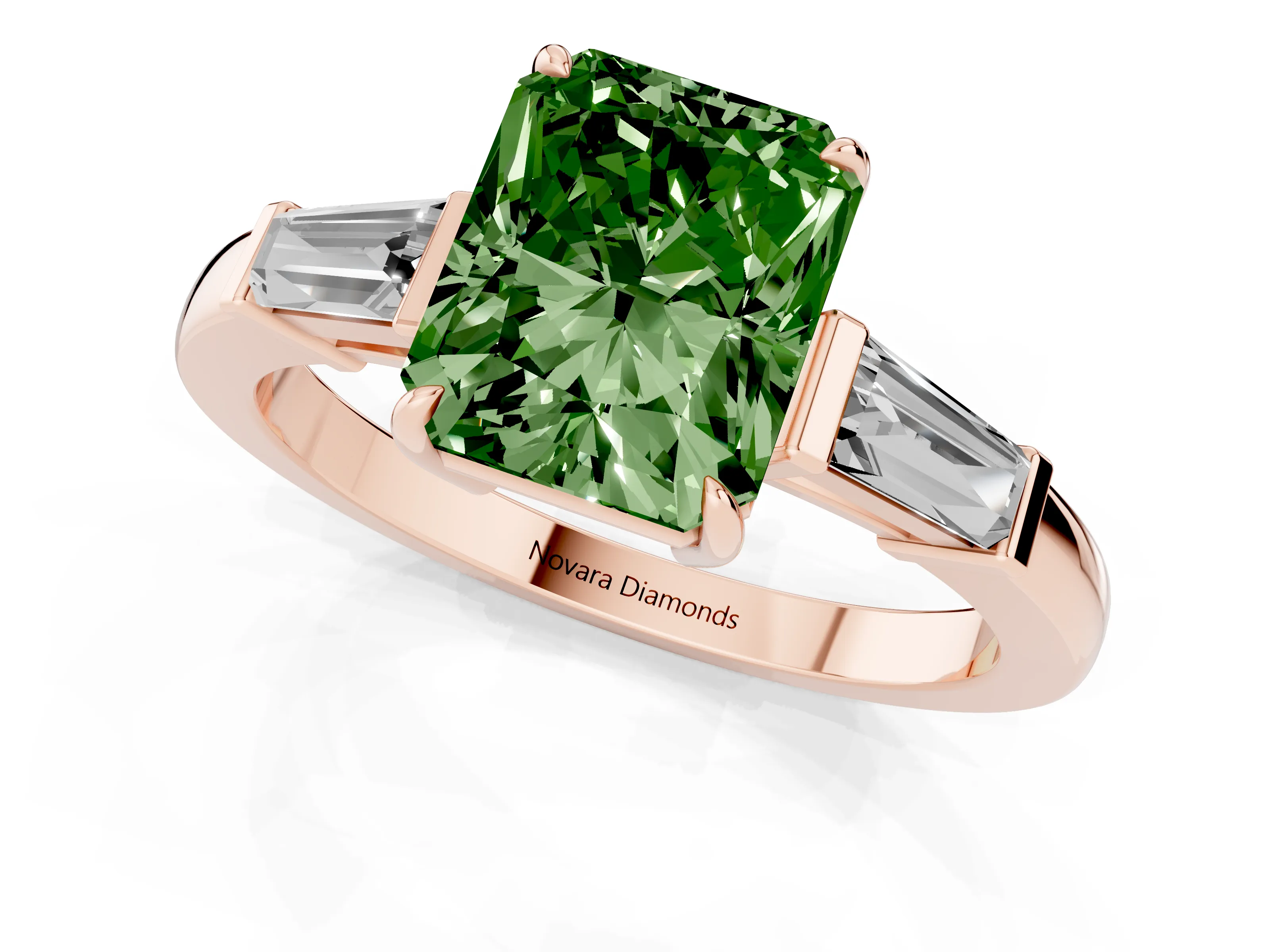 Fancy Green Radiant Cut Diamond Three-Stone Ring Set in Rose gold with Tapered Baguette Side Stones and Prong Setting