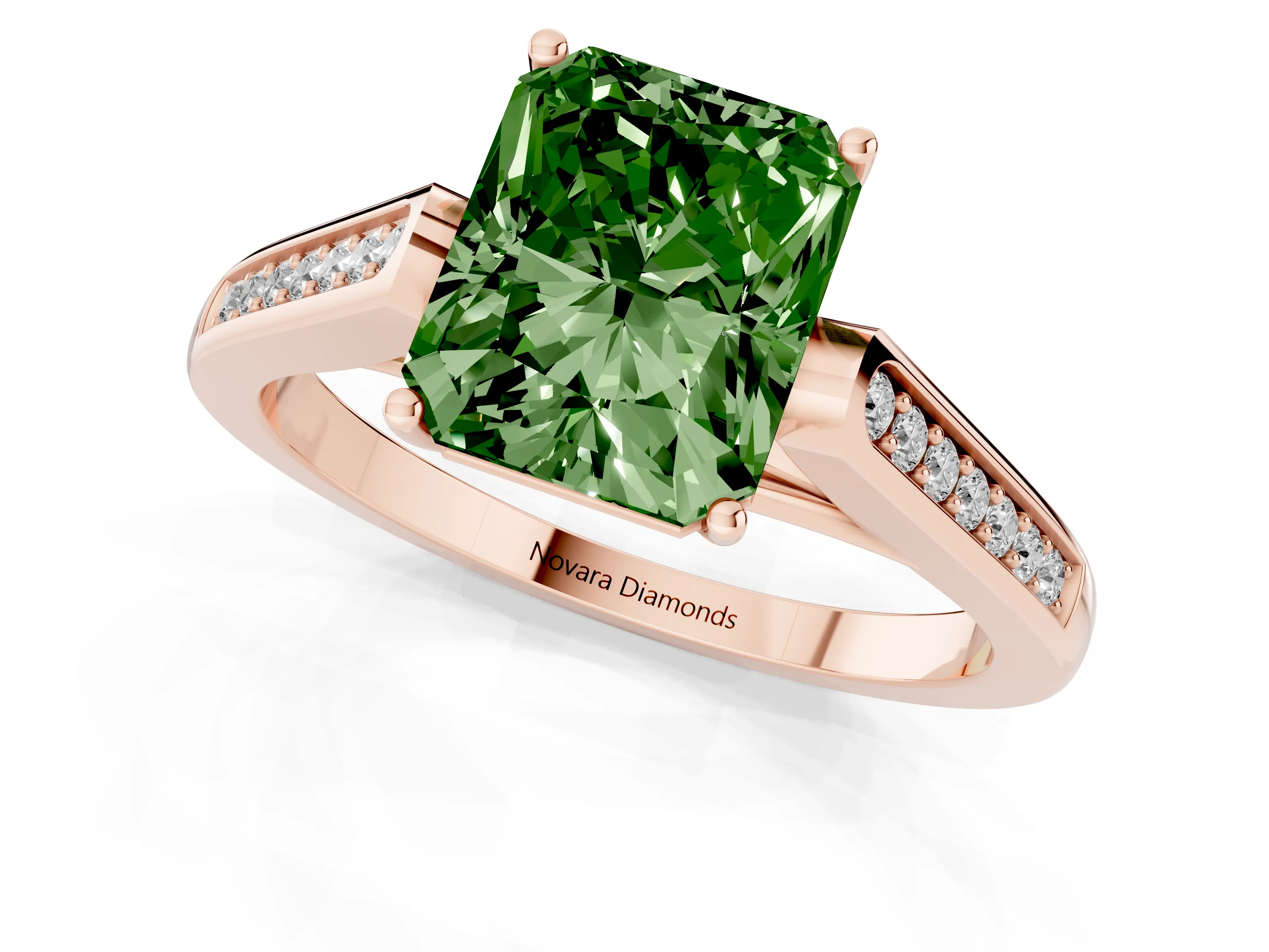 Fancy Green Radiant Cut Diamond Solitaire Cathedral Engagement Ring Set in Rose gold with Channel-Set Band and Prong Setting