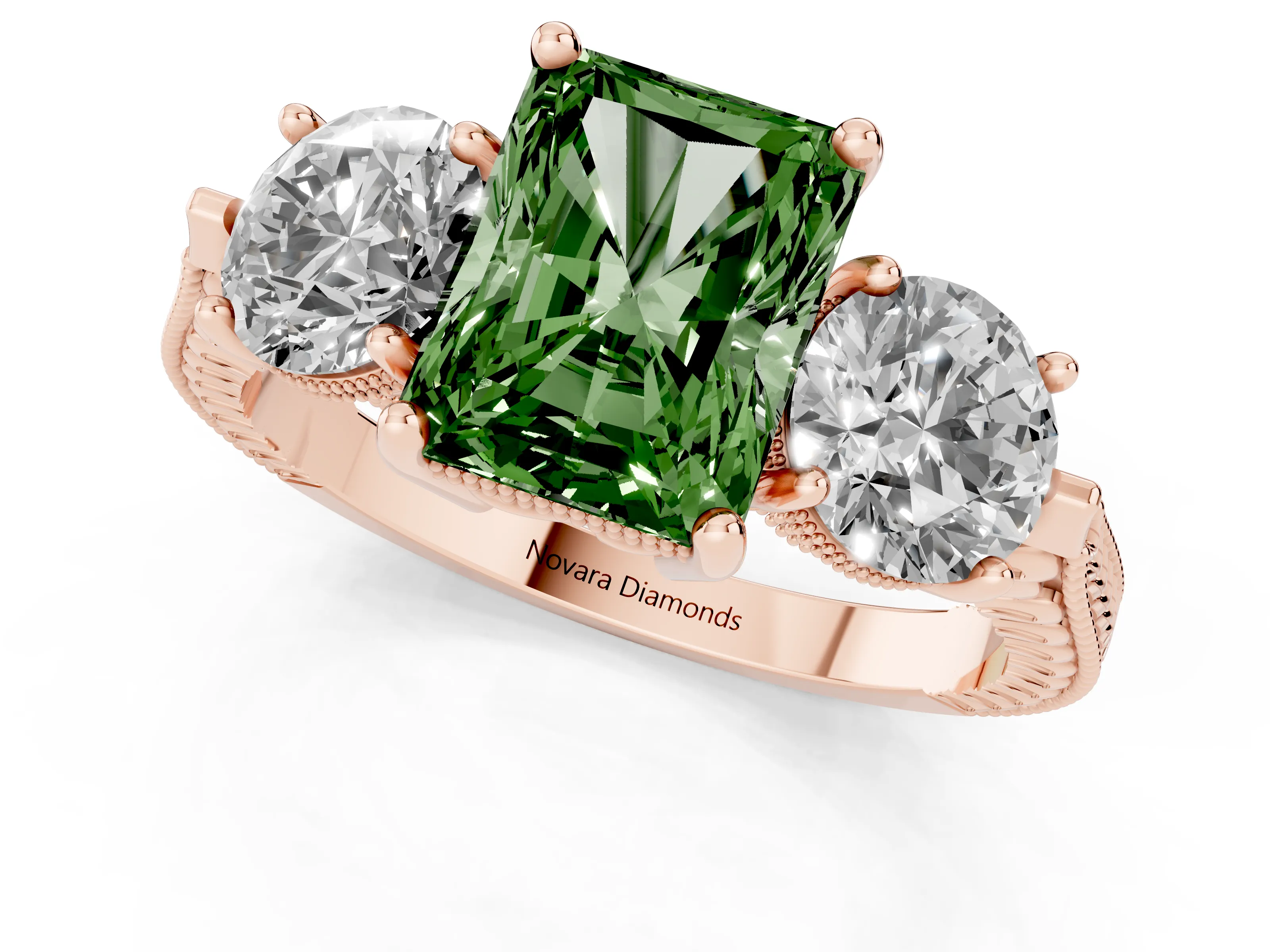 Radiant Cut Vintage Three Stone Engagement Ring Setting for a Fancy Green Lab-Grown Diamond | Milgrain Band | Rose Gold